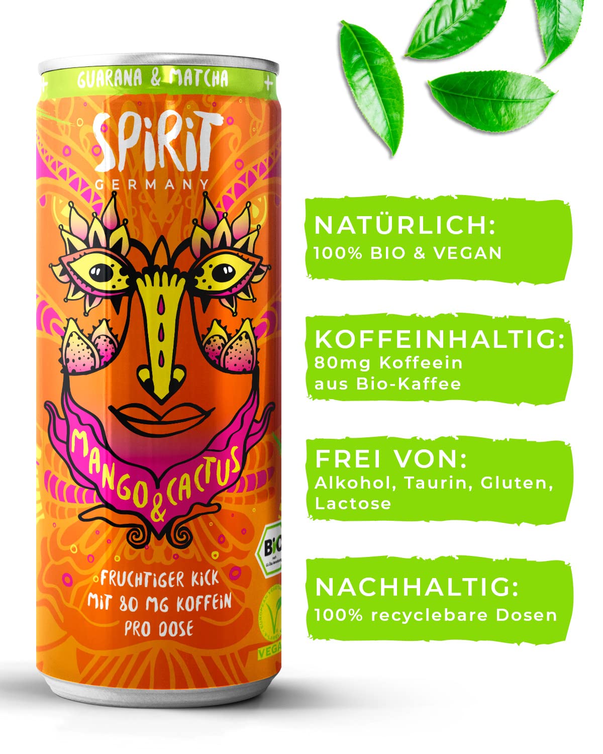 Biohacks Spirit (250 ml Can) Caffeinated Revitalising Soft Drink Matcha  Guarana Natural Organic Vegan without Taurine Alcohol-Free Including  Deposit (Mango, Cactus Fig) : Amazon.de: Grocery