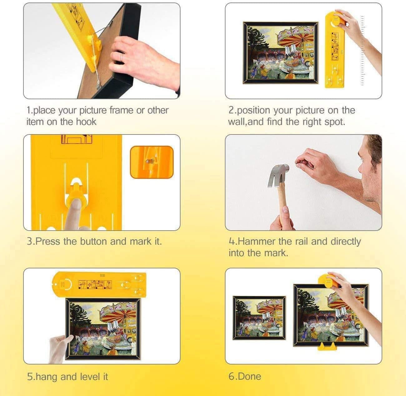 Bassion 1 Pack Perfect System Hanger Tool with Level Easy Frame Pictures Wall Hanging Kit, Yellow-1