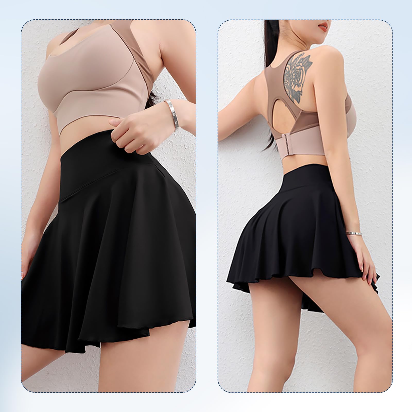 Rock mit Hose Drunter Tennis Sportrock Damen V Bund Hohe Taille Rock Damen Plissiert Tennisrock Geeignet für Golf Tennis Volleyball Laufen Fitnessstudio (Schwarz,M)