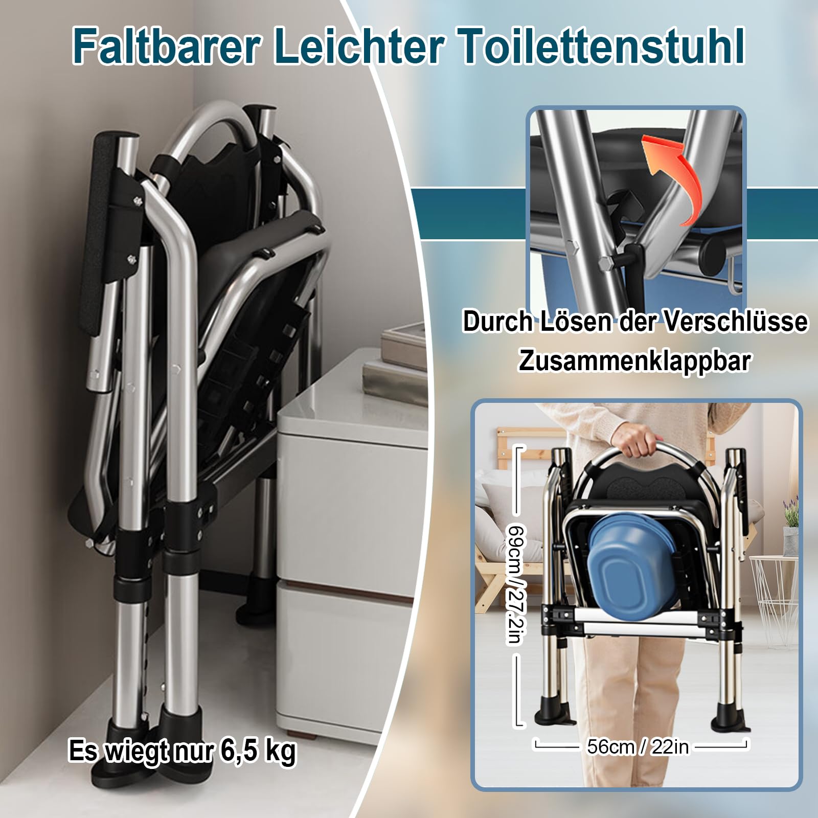 Toilettenstuhl für Senioren Klappbar, Höhenverstellbar Toilettenstühle Duschstuhl mit Toiletteneimer & Doppelkissen, Bequem Rutschfest WC Stuhl Nachtstuhl bis 200kg für Behinderte Schwangere (Schwarz)