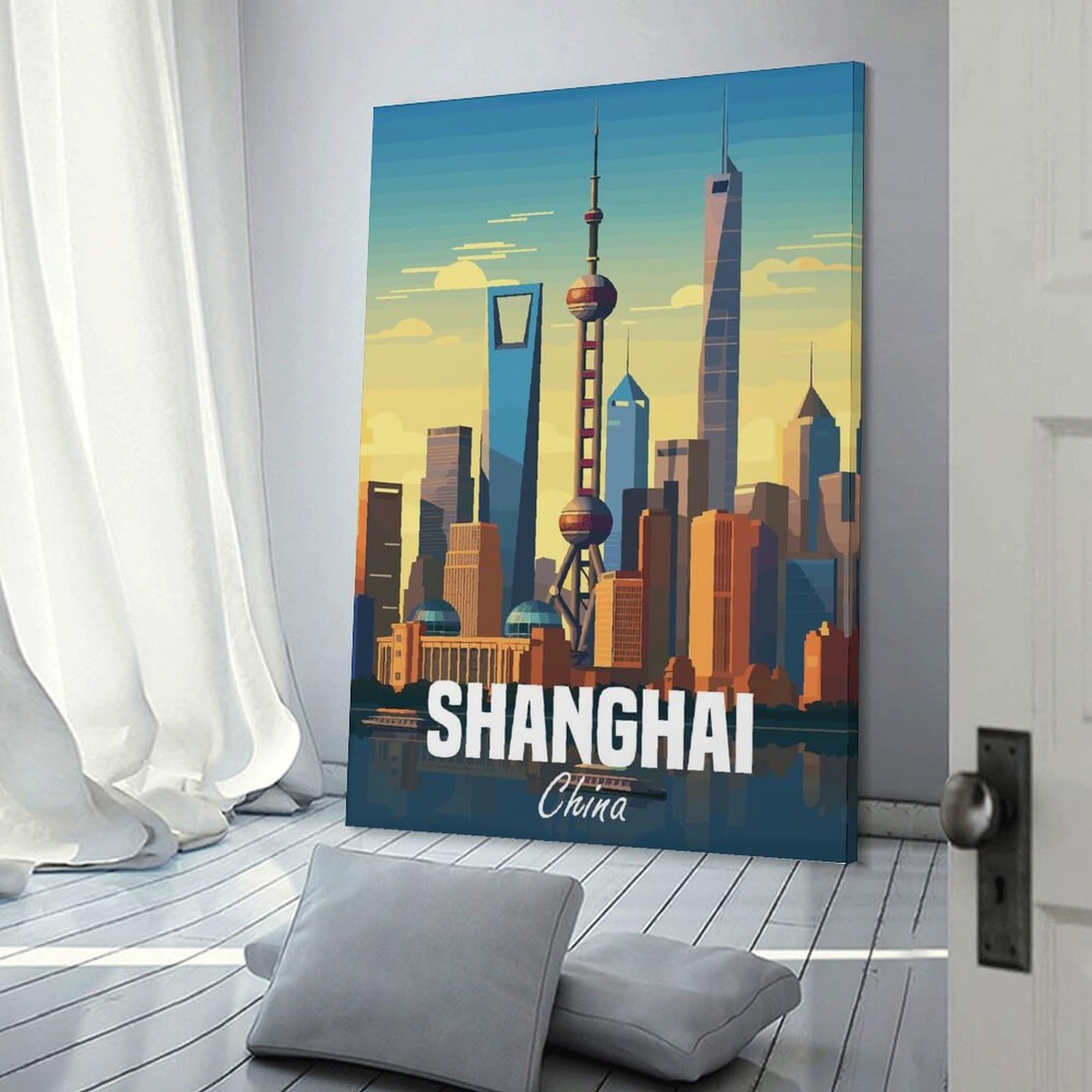 Junmoney Shanghai China Canvas Wall Picture 24x36inch(60x90cm), for Study, Office Or Focused Interiors, Home Office Artwork with Decorative Appeal