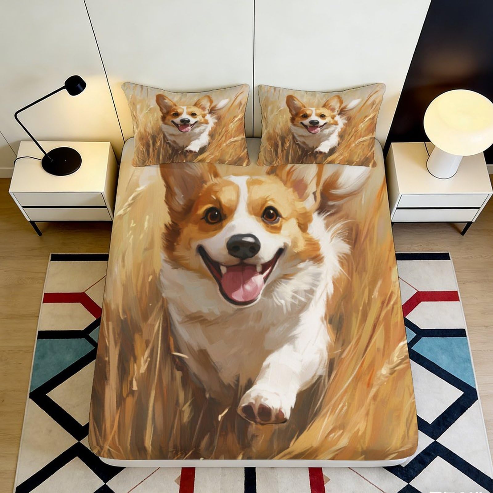 3D Printed Lively Corgi Fitted Sheet Microfiber Soft Breathable Dog Portrait Bed Cover for Bedroom Dorm Mattress Decor 90x200x25cm