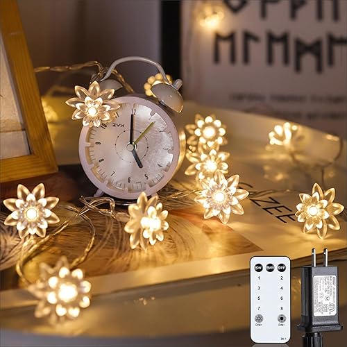 JOLYMOLY Guirnalda de luces de flores de 59 pies, 100 luces LED enchufables con temporizador remoto, luces parpadeantes conectables para dormitorio,