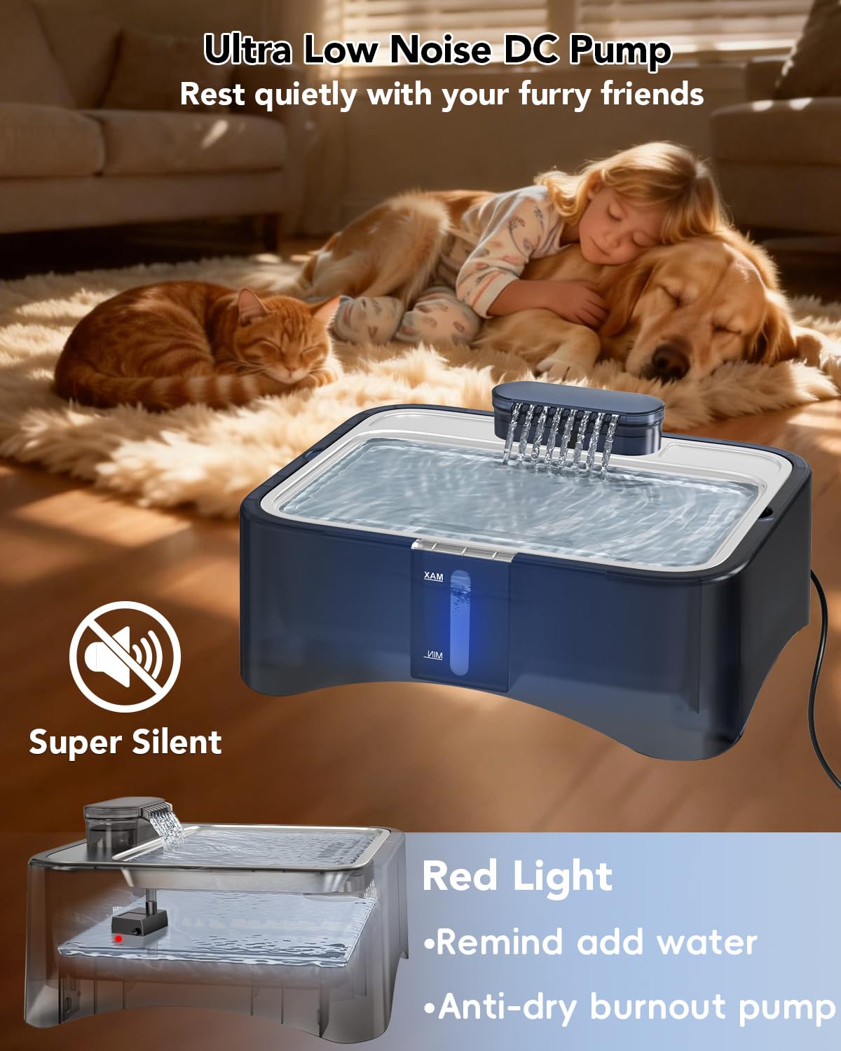 UPSKY Fuente de agua para gatos, dispensador de agua para mascotas de gran capacidad de 2.25 galones/8.5 litros, bandeja de acero inoxidable 304 ultra silenciosa para gatos grandes, perros y múltiples