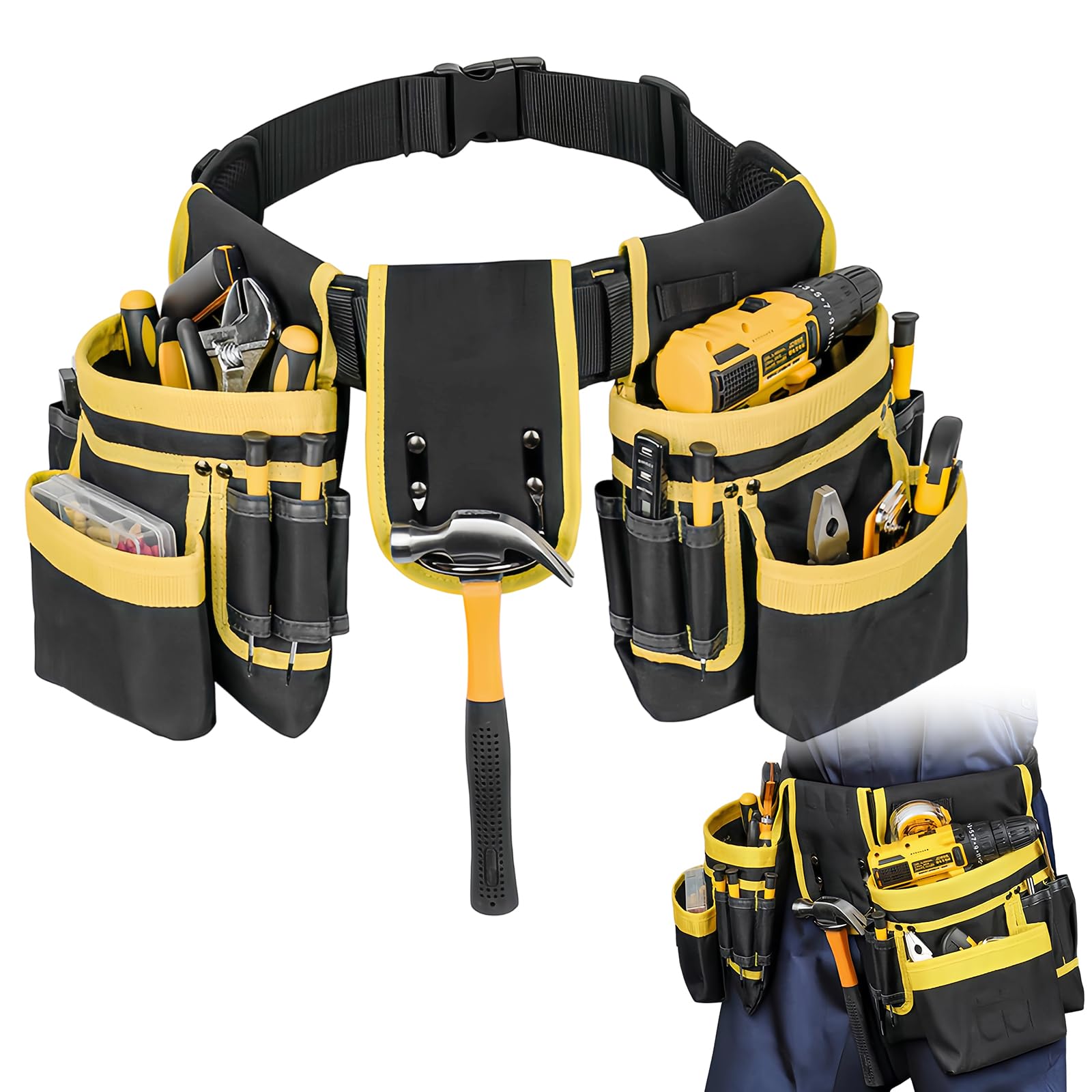 Cinturón de Herramientas, Porta Herramientas Cintura, Magnética Cinturon Portaherramientas Ajustable con 12/28 Bolsillos para Hombre, Electricistas, Carpinteros, Trabajadores de Construcción