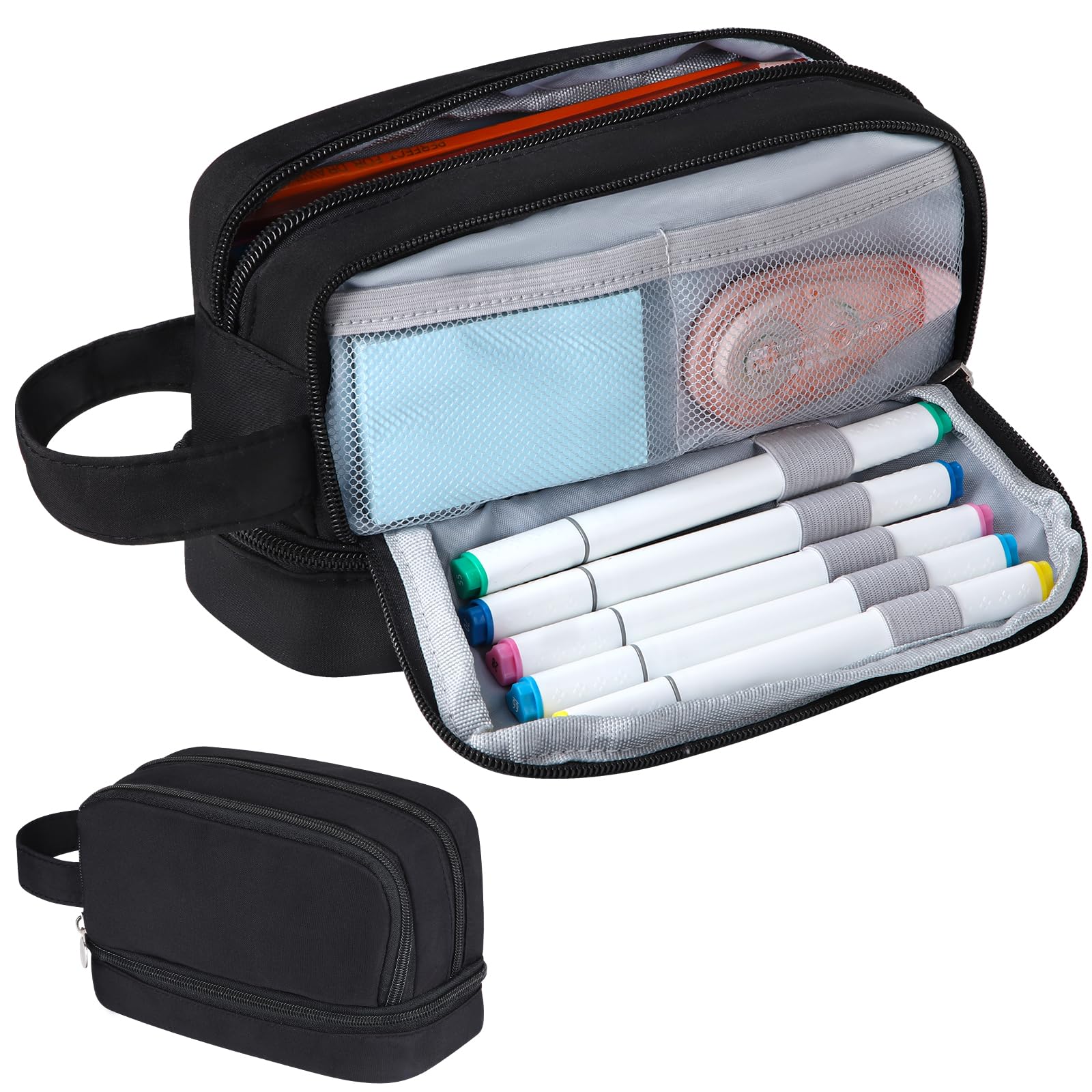 Alyvisun Large Capacity Pencil Case, Aesthetic Pencil Pouch with 5 Compartments and Handle for Boys/Girls/Adults, Portable Pen Bag Stationery Organizer for School/Office (Black)