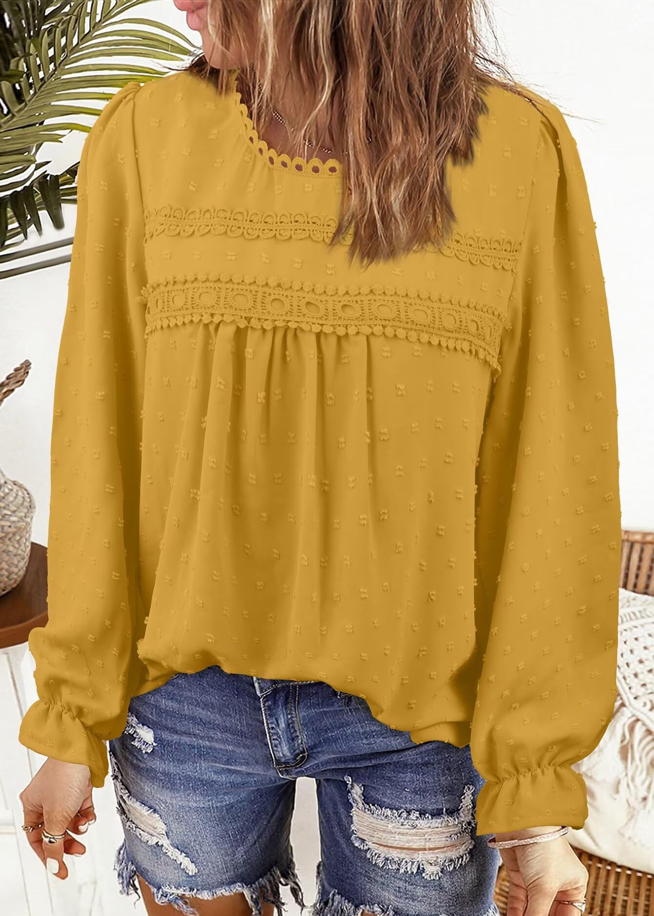 Tee Shirt Femme Bohème Col Rond Top Manches Longues Blouse Élégant