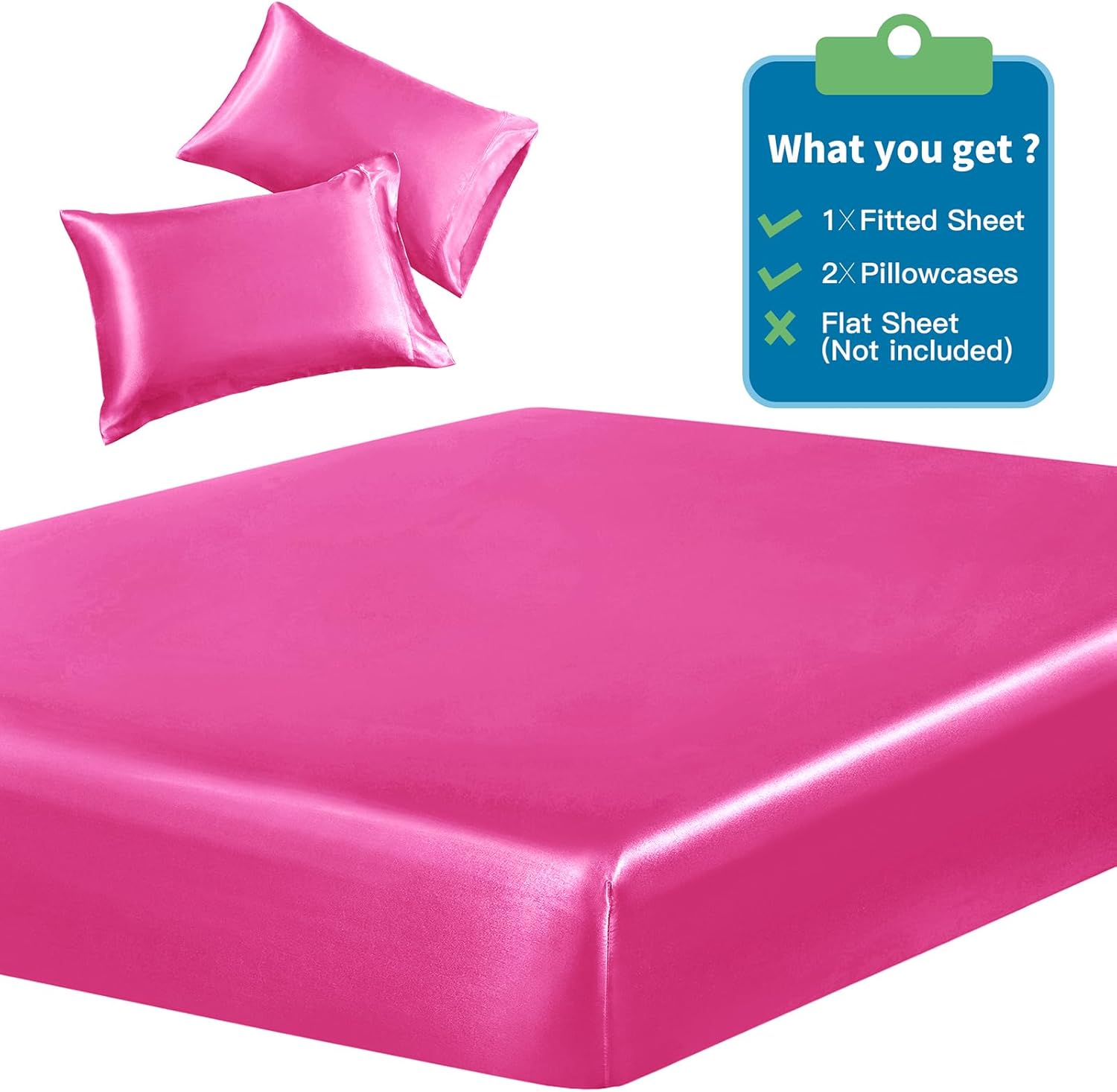 SiinvdaBZX 3-Piece Set Satin Queen Fitted Sheet & 2 Pillowcase, Hot Pink Silky Soft Fitted Bottom Sheet, Wrinkle Free, Fade Resistant, Deep Pocket Bed Sheet (Deep Up to 15")