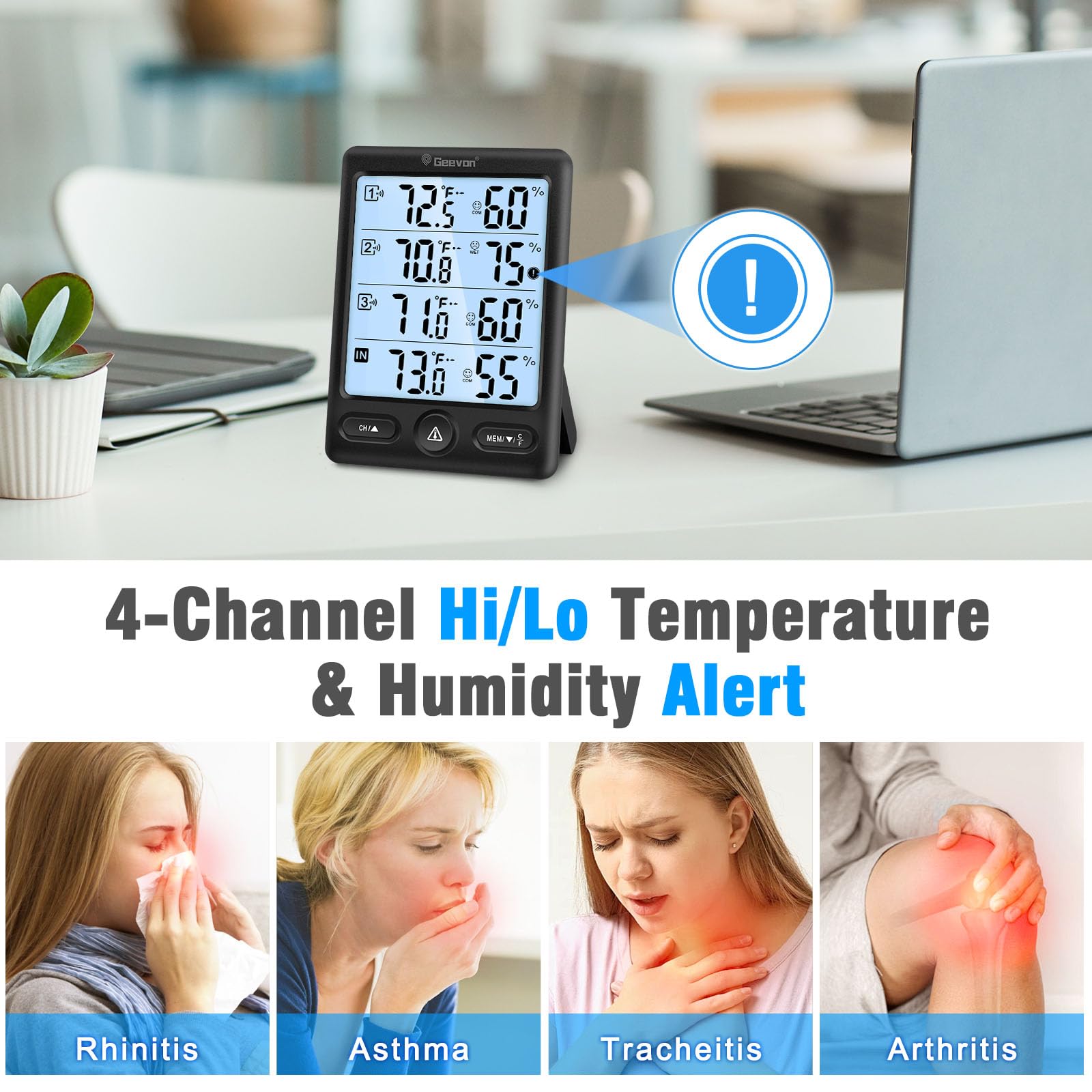Geevon Thermomètre d'intérieur et d'extérieur sans fil avec 3 capteurs à distance, écran de 12,7 cm, thermomètre hygromètre numérique, moniteur de température et d'humidité avec rétroéclairage 8S