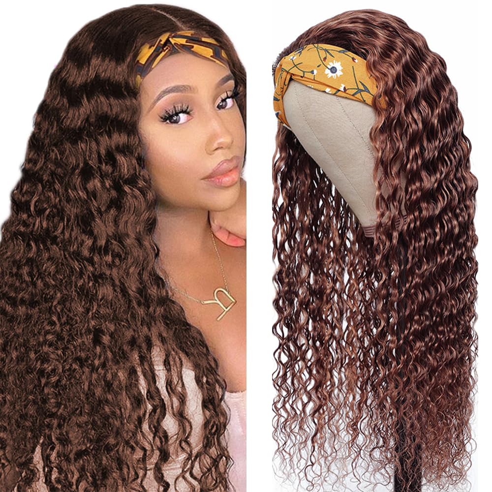 26 Inch #4 Brown Headband Wig Human Hair Deep Wave Chocolate Brown None Lace Front Wigs 150% Density Unprocessed Brazilian Virgin Hair Machine Made Wig