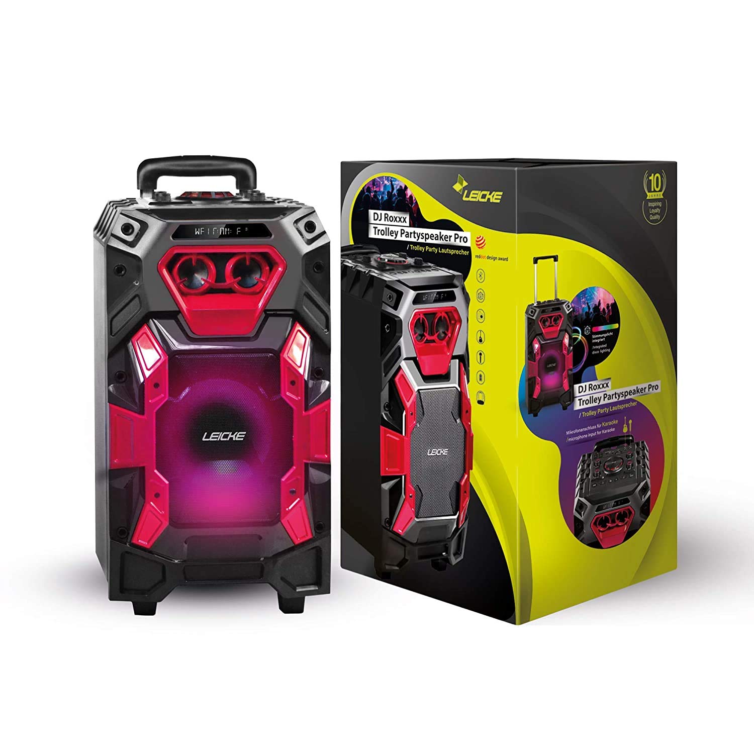 LEICKE Tragbar Karaoke Lautsprecher Bluetooth, PA DJ Anlage Kabellos Party Musikanlage Musik System Box, Soundsystem mit Licht USB, Aux In, UKW Radio, Gitarren Mikrofon Anschluss und Trolley Griff