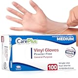CARE PLUS Vinyl Gloves Clear Medium Size 100 Count &vert; Heavy Duty&comma; Non-Sterile&comma; Powder-Free&comma; Latex-Free Rubber &vert; Food Prep&comma; Kitchen & Cleaning Gloves&comma; Ideal for Professional Use