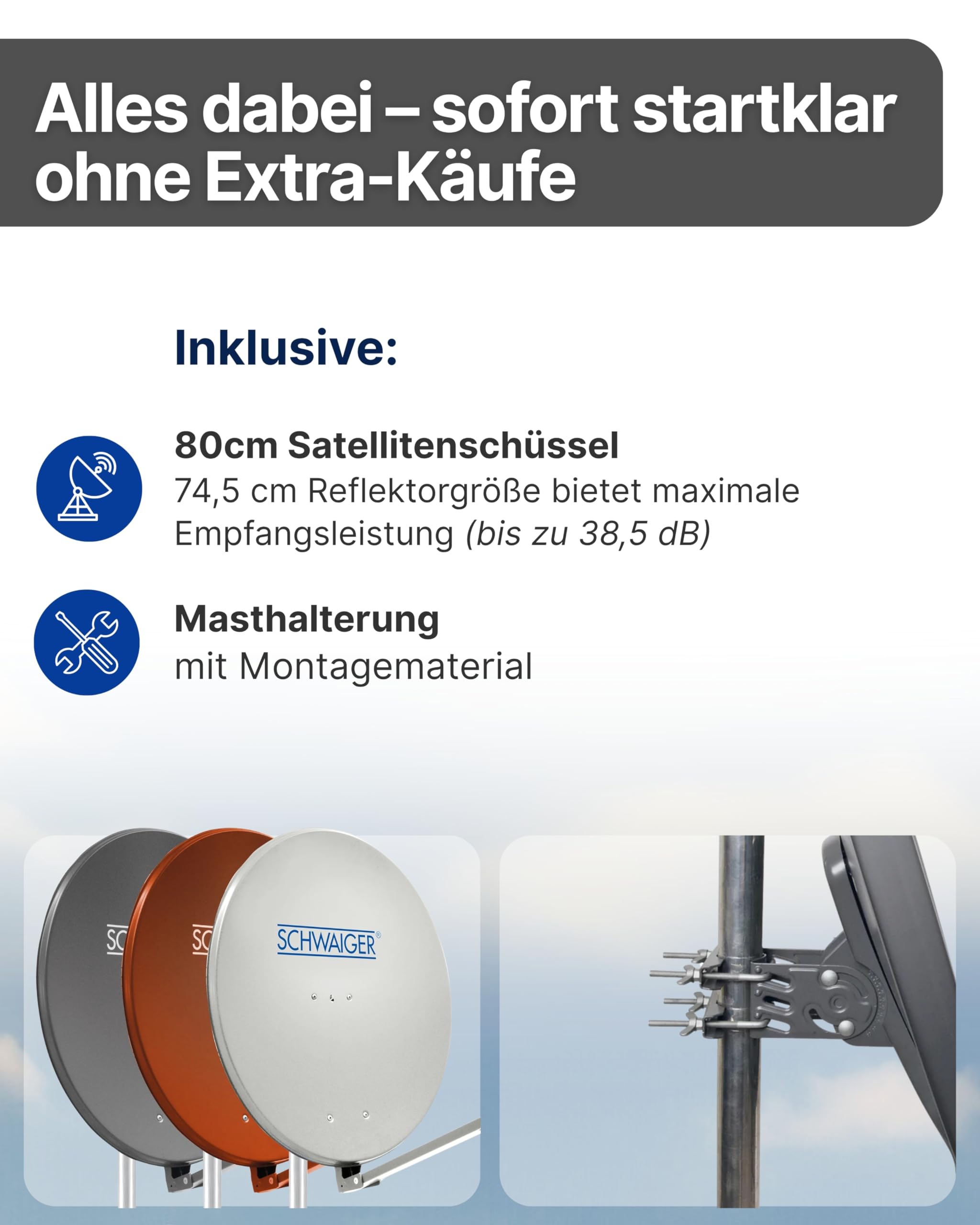 SCHWAIGER Satellitenschüssel 80 cm Aluminium Offset Antenne Multifeed wetterfest 38,5dB