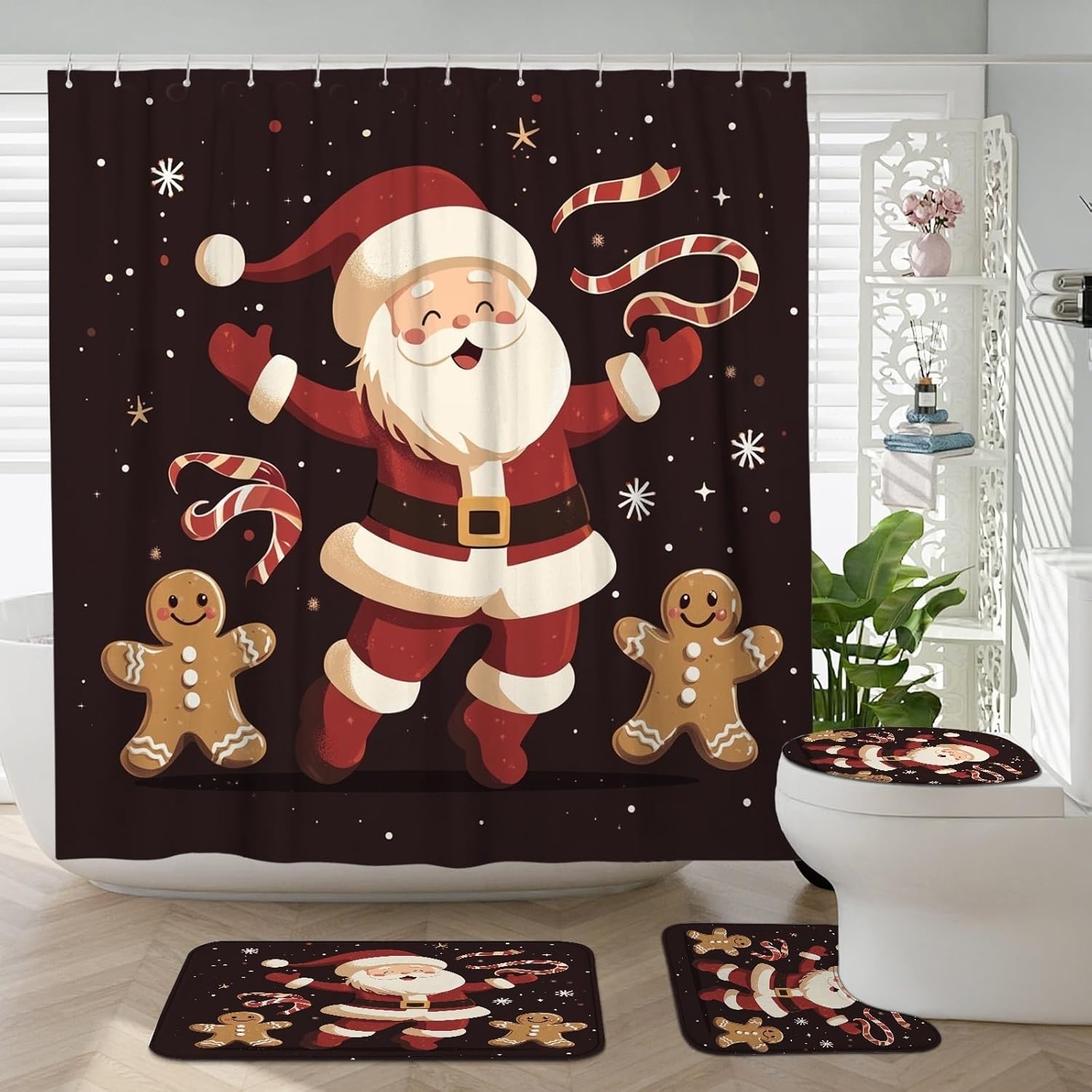 4PCS Kid Christmas Santa Claus Bathroom Sets, Bath with Non-Slip Rug, U Shape Toilet Lid Cover Mat, Fun Xmas Gingerbread Man Bathroom Decor-72''x72''