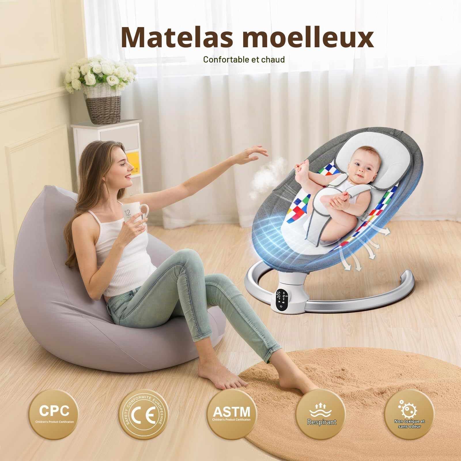Transat bebe, Balancelle bebe electrique de La Naissance à 6 Mois,avec télécommande et Bluetooth pour se connecter au smartphone, avec 5 vitesses de balancement, Harnais de sécurité 5 Points