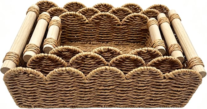 3 Pack Toilet Tank Basket, Wicker Basket for Paper Storage, Rope Scalloped Edge Basket, TP Storage Basket for Countertop Shelf Living Bed Bathroom, Neutral Organizer Elegant Home Decor, Wooden Handle