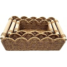 3 Pack Toilet Tank Basket, Wicker Basket for Paper Storage, Rope Scalloped Edge Basket, TP Storage Basket for Countertop Shelf Living Bed Bathroom, Neutral Organizer Elegant Home Decor, Wooden Handle