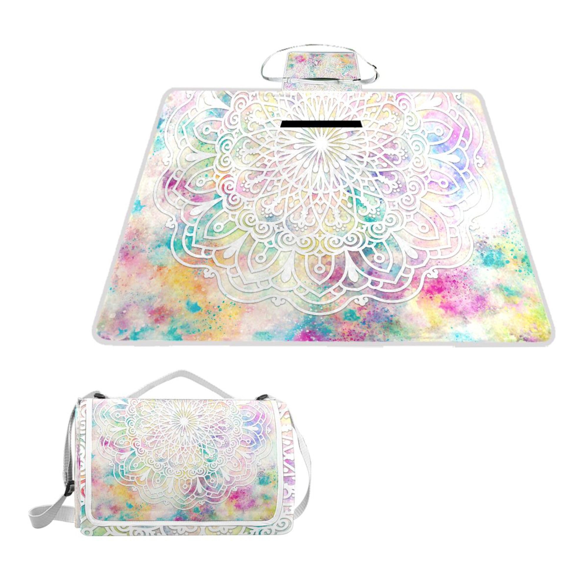 ALAZA Rectangle Waterproof Picnic Blanket, Rainbow Mandala Bohemian Flower Portable Folding Indoors Rug Outdoors Mat for Travel Hiking Camping Park, 150cm x 145cm โ image 1