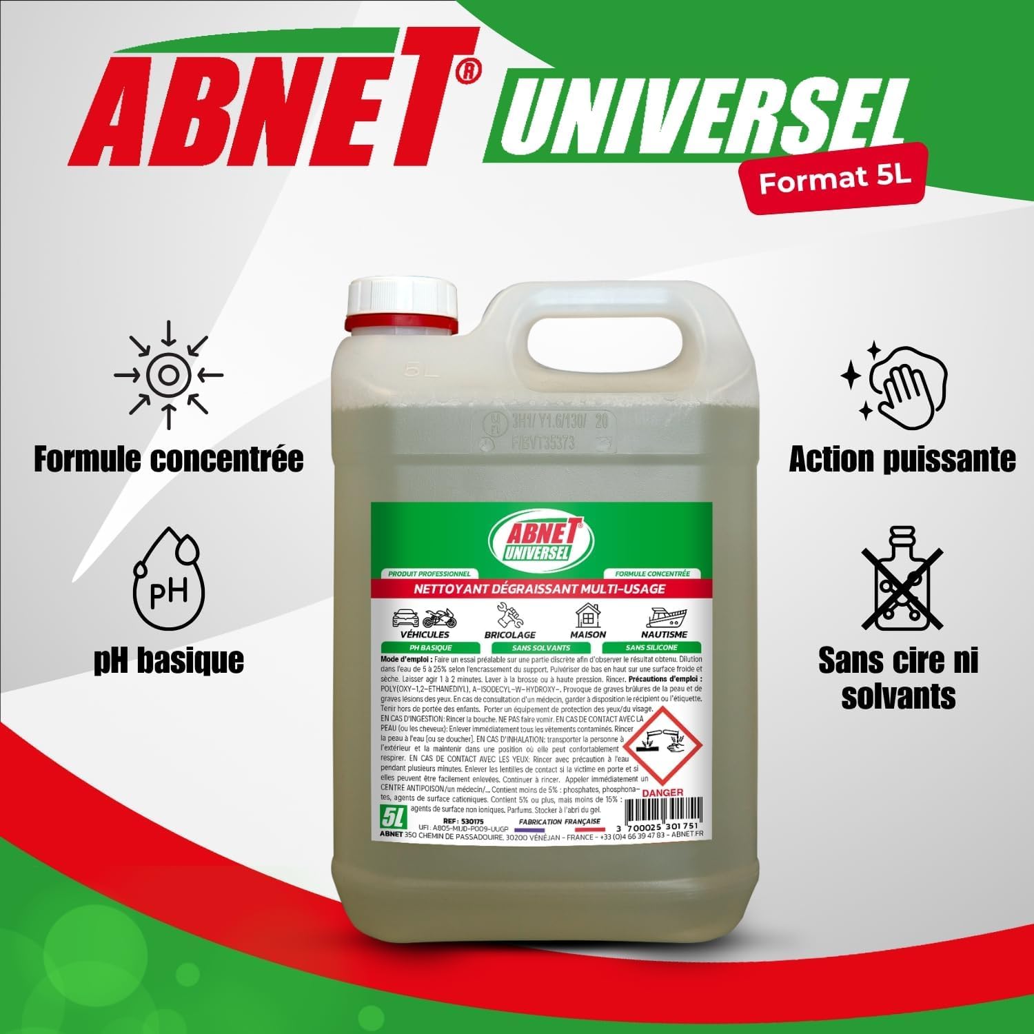 ABNET - Abnet Universel - Nettoyant-Dégraissant Multi-usages - Décollement des salissures - 5L