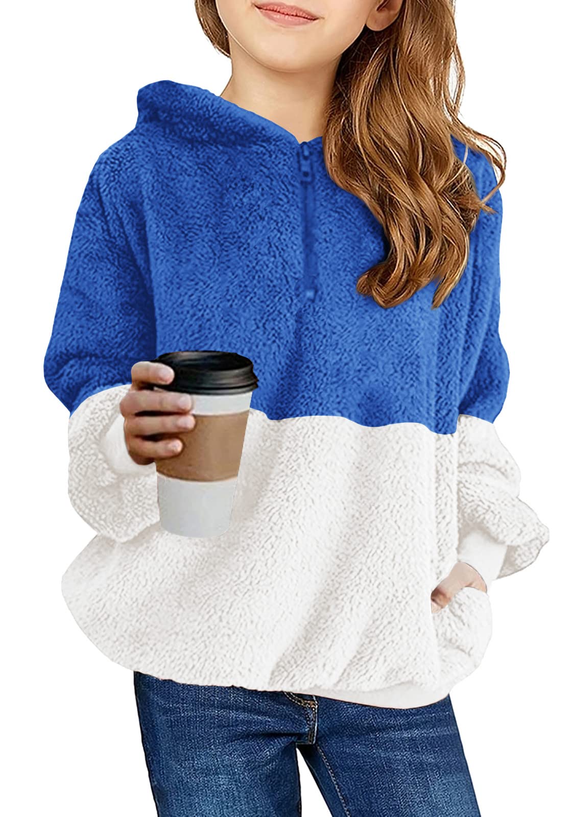 Haloumoning Girls Fuzzy Fleece Pullover Hoodies Sweatshirt Casual Loose Outwear Coat with Pockets 4-15 Years, A-blue, 10-11 years