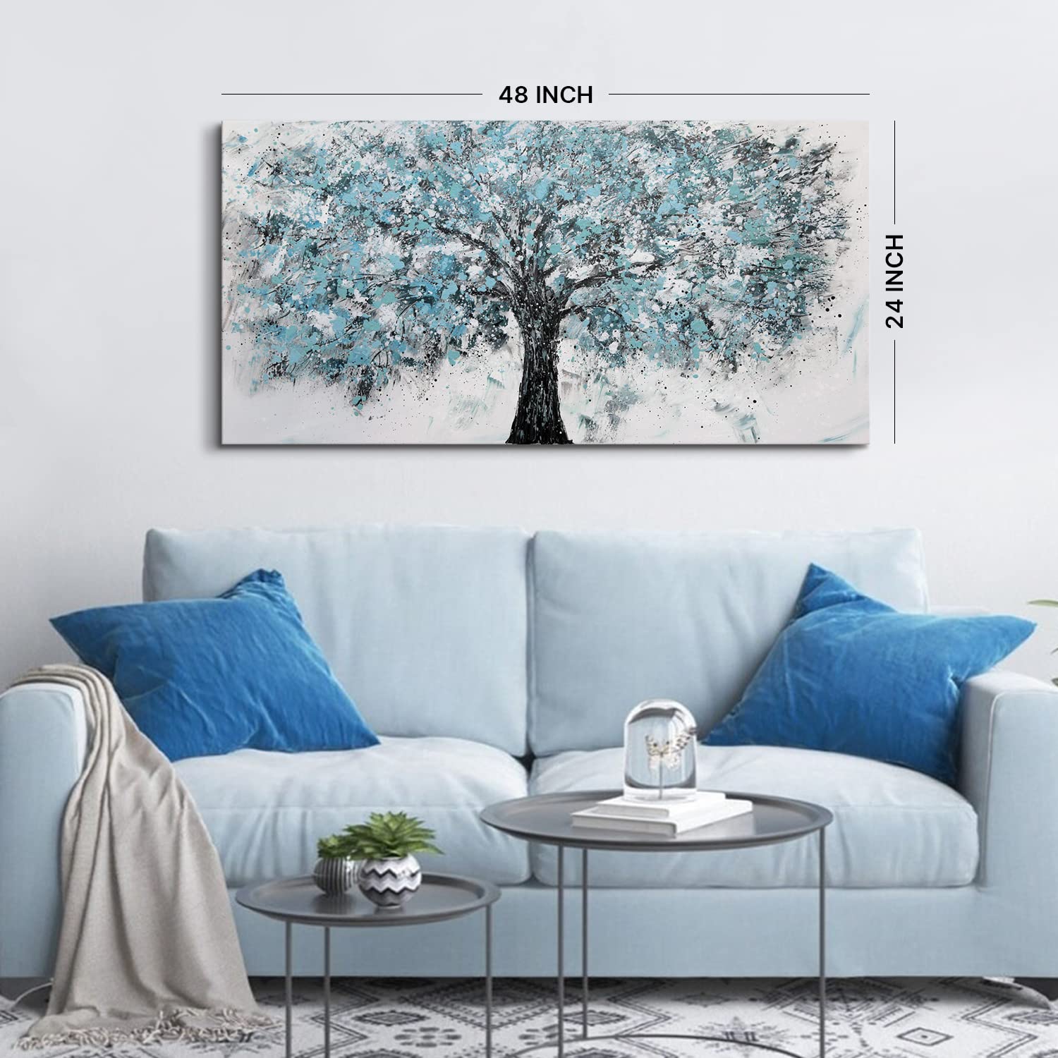 Abstract Tree Canvas Oil Painting Wall Art Teal White Aspen Trees
