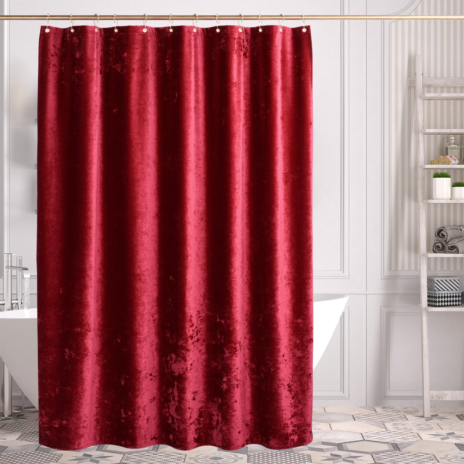 TAMGHO Tenda da doccia rossa per bagno, lussuosa tenda da doccia in velluto riccio rosso, tenda da doccia scura con ganci in metallo dorato Decro, tessuto spesso lavabile in lavatrice, bordeaux, 183 x