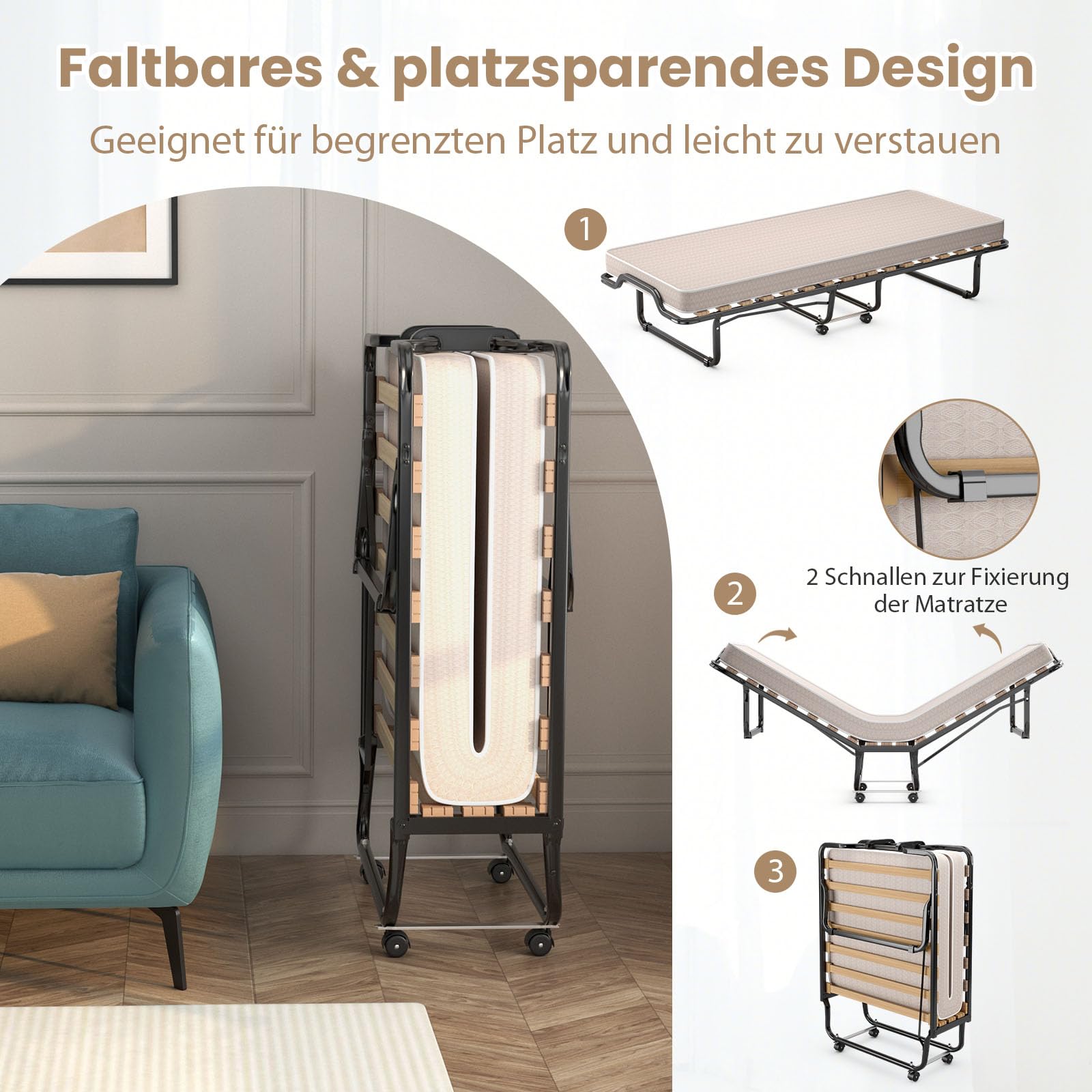 COSTWAY Gästebett klappbar 90x200 cm, Klappbett Erwachsene mit Matratze aus Rückstellschaum, Einzelbett mit 4 Rollen & Stabiler Metallrahmen, Reisebett für Camping & Gästezimmer (Beige)