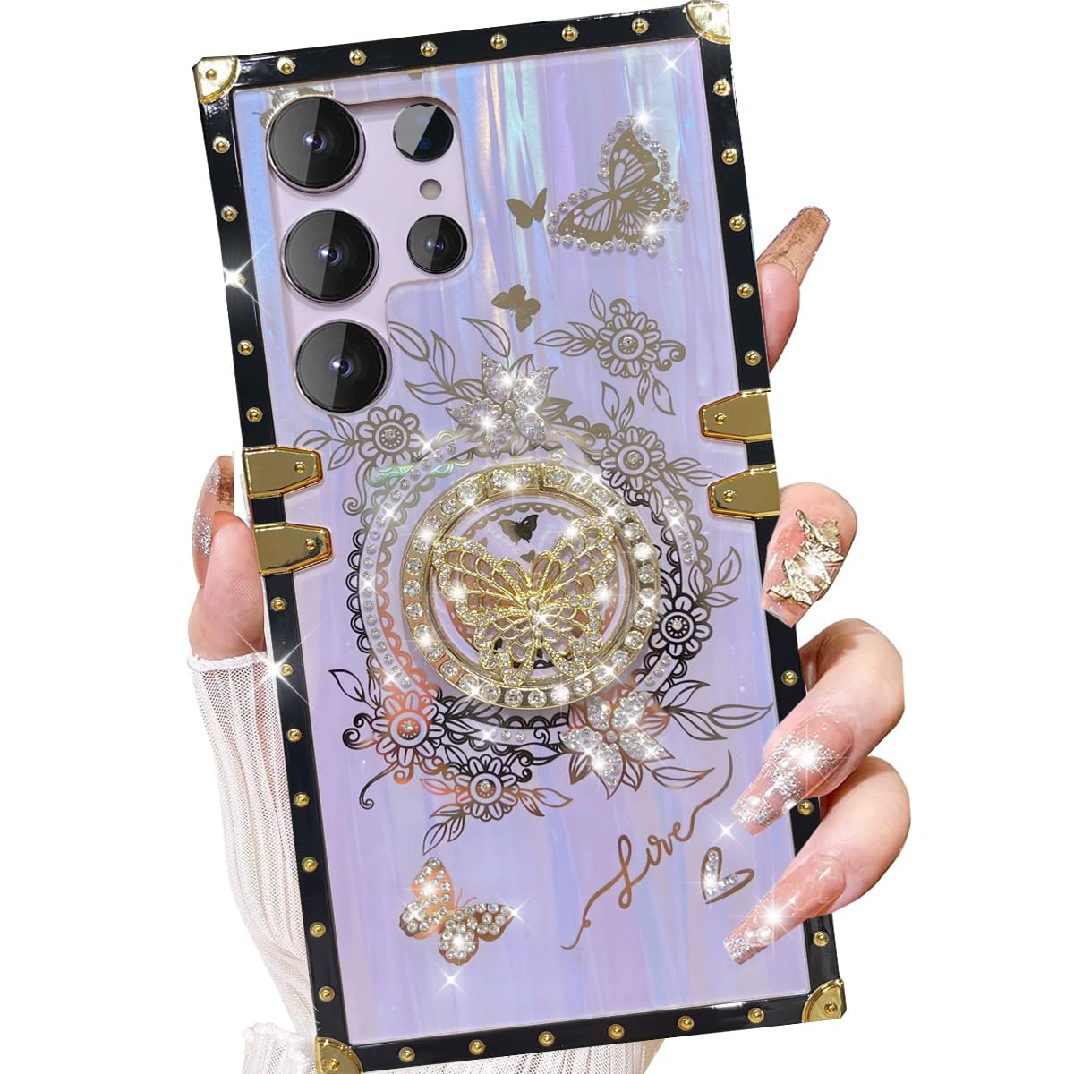 Changjia for Samsung Galaxy S24 Ultra Kickstand Case,Cute Luxury Glitter Bling Sparkly Diamond Butterfly with Ring Stand Floral TPU Bumper Shockproof
