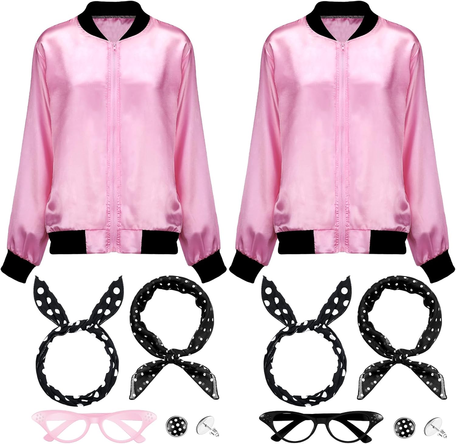 Toulite 10 Pcs Pink Cosplay Women's Jacket 1950s Ladies Grease Costume Pink Satin Girls Jacket with Headband Neck Scarf Cat Eye Glasses Earrings for Halloween 50s Themed Party