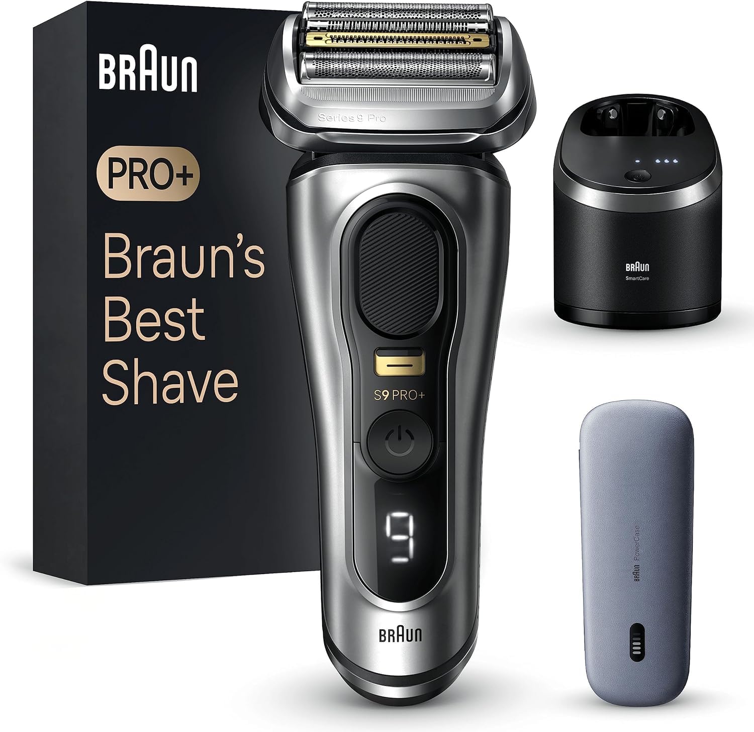 Braun Series 9 Pro+ Afeitadora Eléctrica Hombre, Máquina de Afeitar Barba y Centro De Limpieza SmartCare, PowerCase, En Seco Y En Mojado, 9577cc, Plata