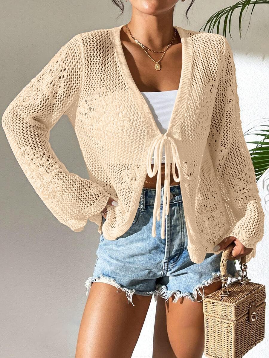 Womens Tie Front Lightweight Crochet Cardigan Shrugs Knit Cardigan Crop Tops Cover Up - Image 3