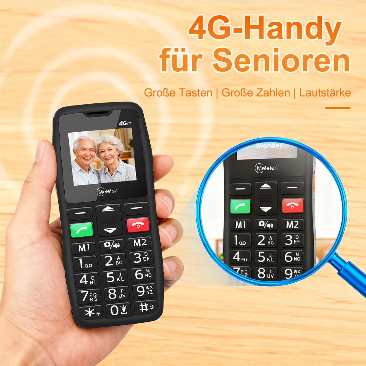 4G-Seniorenhandy ohne Vertrag – kompaktes Handy mit großen Tasten, SOS-Taste, 1,77-Zoll-Farbdisplay | USB-C-Ladestation, UKW-Radio, Tastensperre | Einfache Bedienung