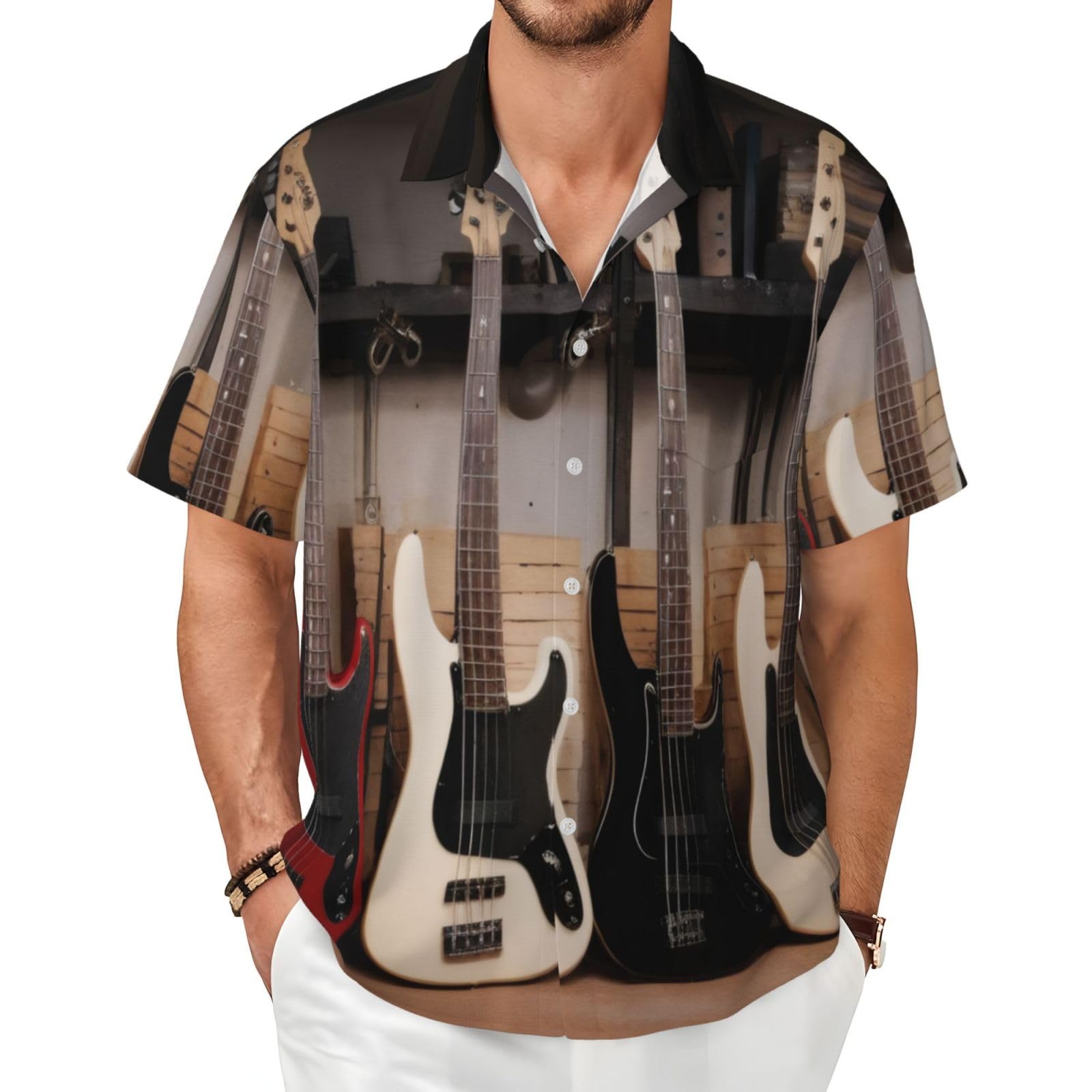 Chemise décontractée à manches courtes pour homme - Guitare basse - Instruments de musique - Chemise d'été boutonnée de plage avec poche | Chemises hawaïennes pour homme