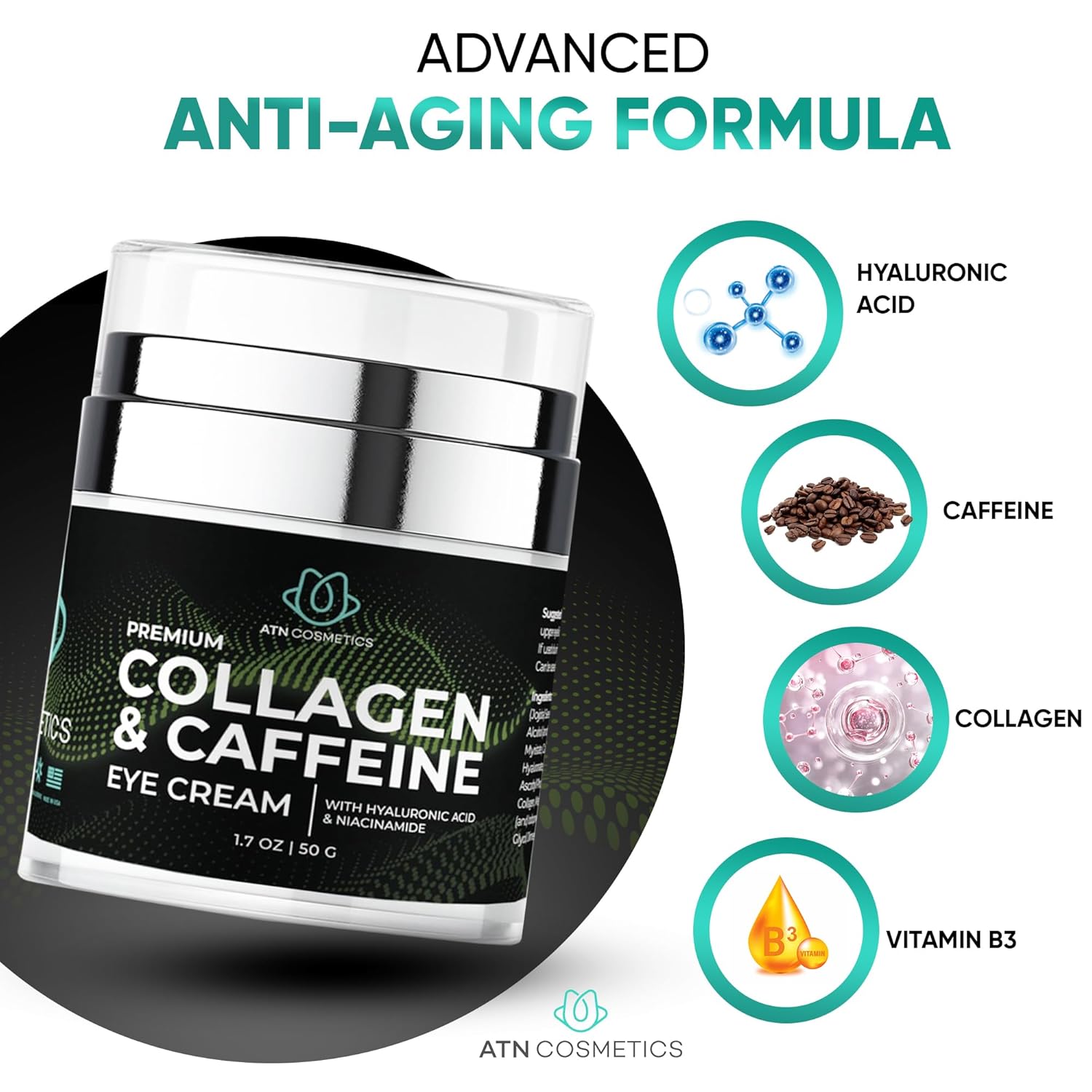Caffeine Eye Cream, Collagen Eye Cream for all skin types, For Wrinkles & Dark Circles, and Puffiness, Infused with Hyaluronic Acid & Niacinamide, 1.7 OZ / 50 G - Image 6