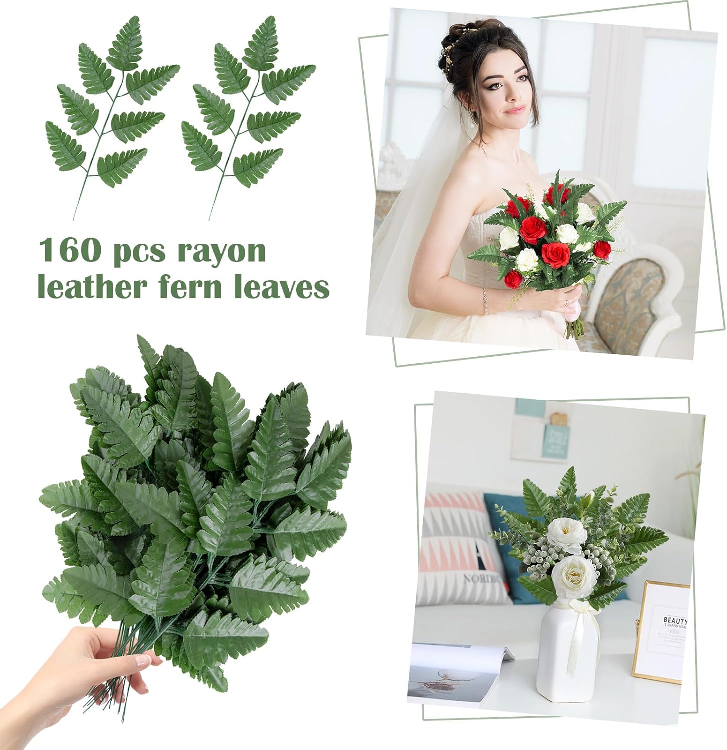 Artificial Silk Leaf Fern, Fake Greenery Fern Picks Leaves Stems for Flowers DIY Arrangement Home Wedding Garden Cemetery Decoration (160Pcs, Deep Green)