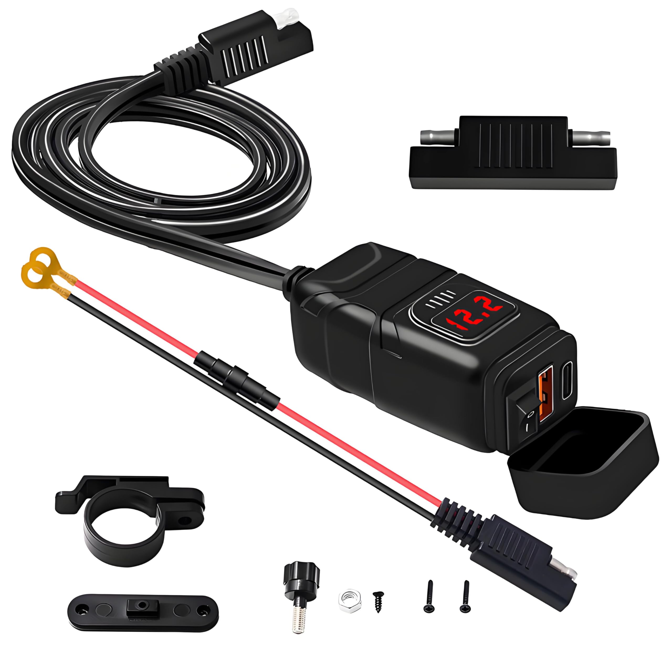 Dwupak 2-portowy port USB typu C, ładowarka motocyklowa, szybkie ładowanie z woltomierzem, do telefonu, wodoodporny, ATV, UTV, uchwyt na kierownicę łodzi, czerwony