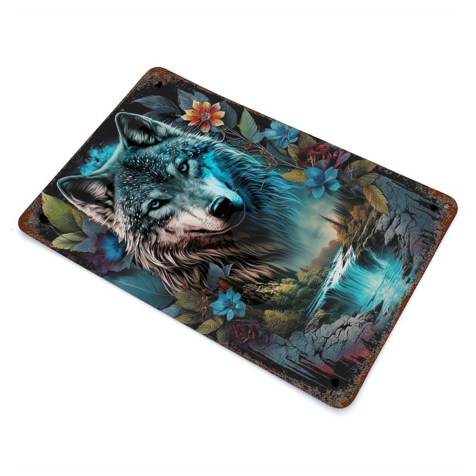Decorative Tin Sign Mandala Jungle Wolf 11.8"x7.9", Decorative Metal Wall Art for Garage, Bar And Workshop Decor