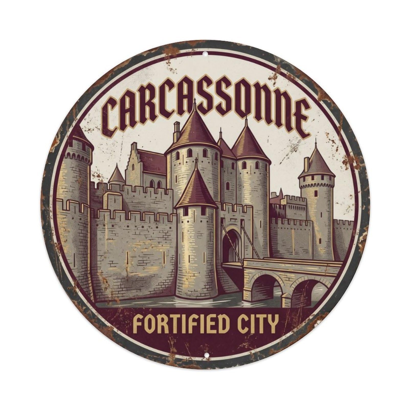 Vintage Travel Carcassonne Fortress Ramparts Metal Tin Sign Plaque Wall Decor for Cafe, Club, Garden Round Metal Poster 8x8Inch