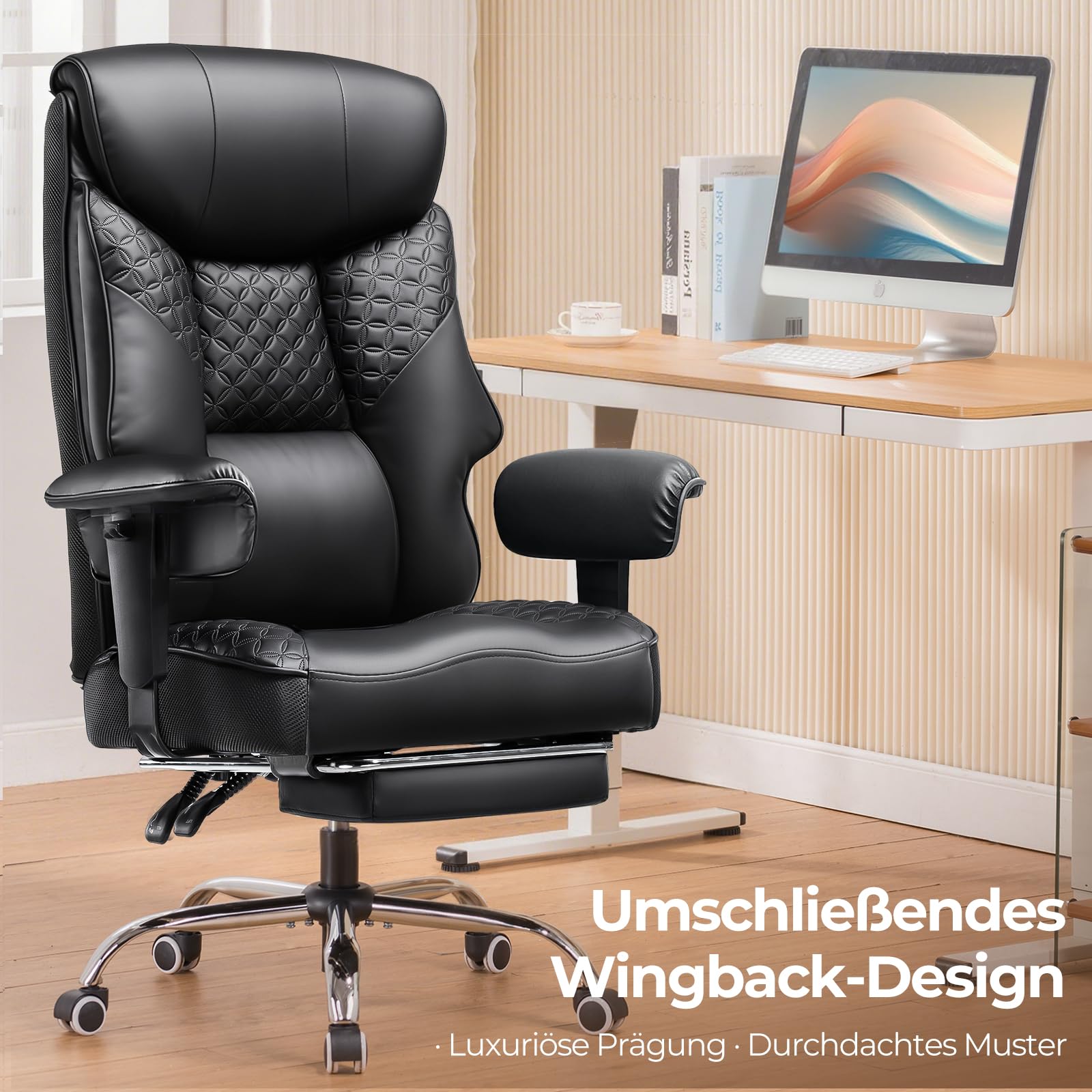COMHOMA Gaming Stuhl für Große und Schwere Personen, ergonomischer Bürostuhl bis 180 kg, 3D Sitzkissen, verstellbar mit Fußstütze, PU-Leder, hoher Komfort für Büro & Gaming Schwarz