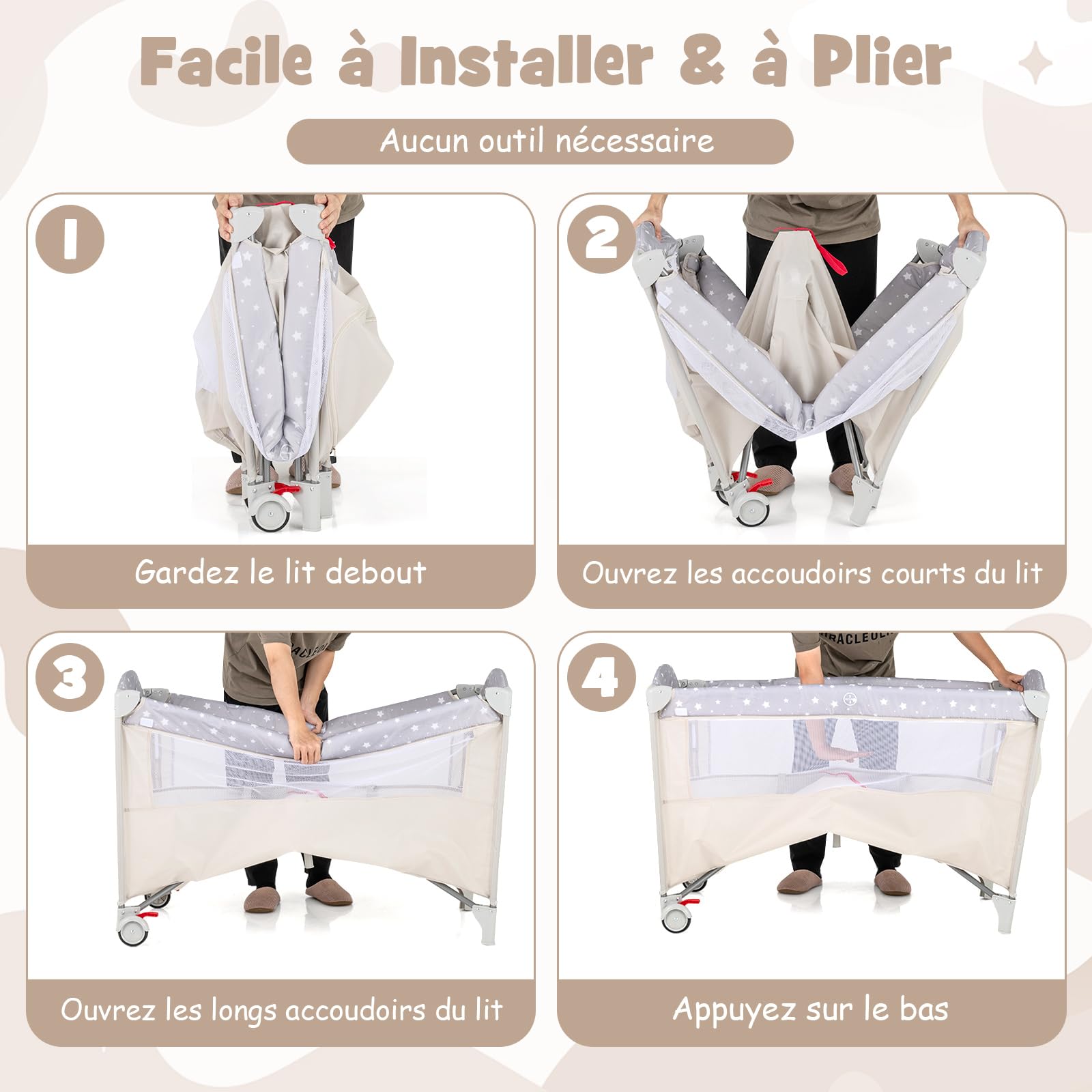 COSTWAY 5 en 1 Lit Parapluie Bébé avec Matelas et Table à Langer Amovible, Lit Bébé Évolutif avec Boîte à Musique et Jouets Suspendus, Hauteur Réglables pour Bébé de 0-3 Ans (Beige)