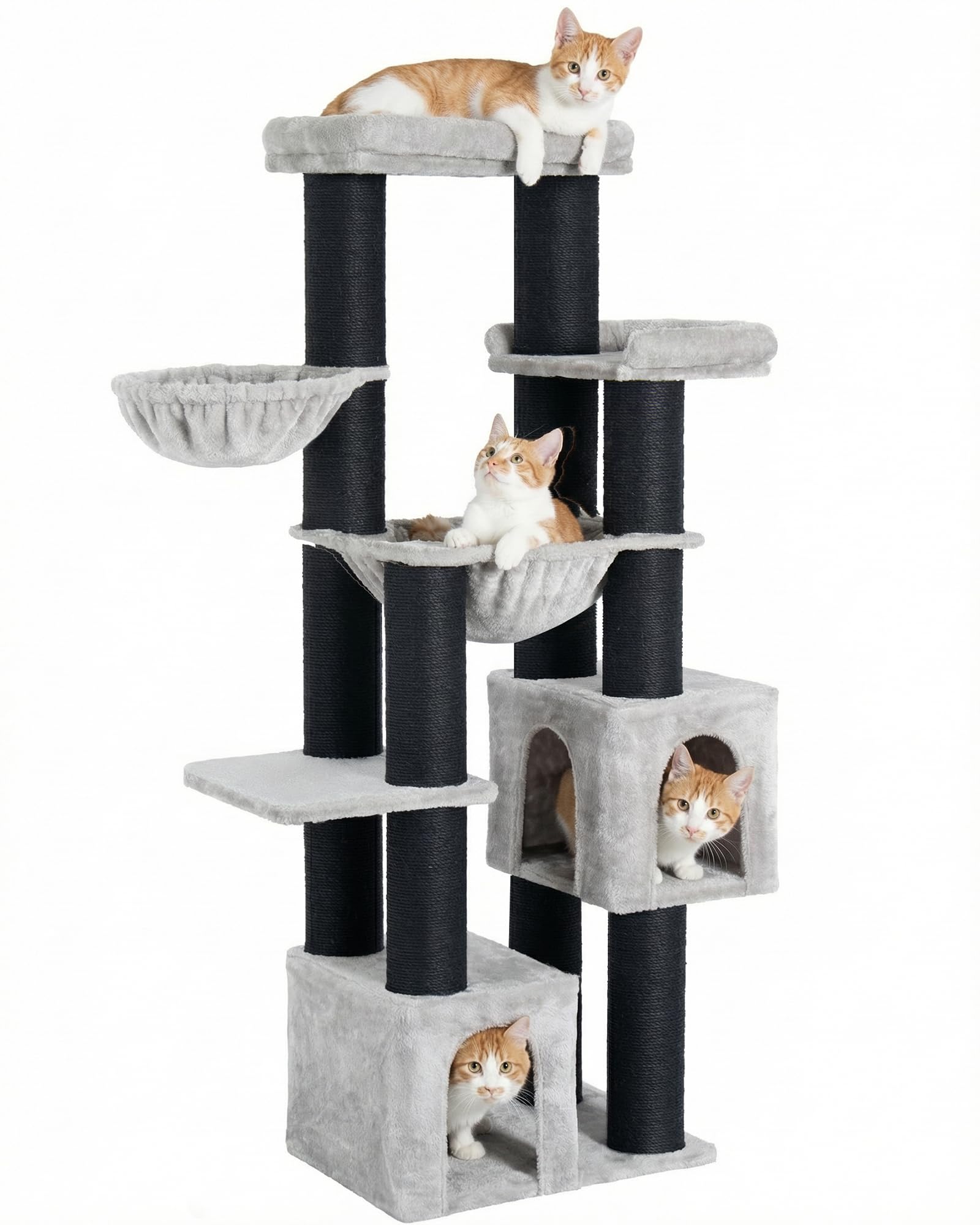 Kratzbaum für Große Katzen, 164cm Kratzbaum Groß, 11cm d Stämme | Kratzbaum Grosse Katzen Stabil, 2 Hängematte, 2 Plüschplattform, 2 Höhle, Mehrstöckiger Katzenbaum für Große Katzen, Grau