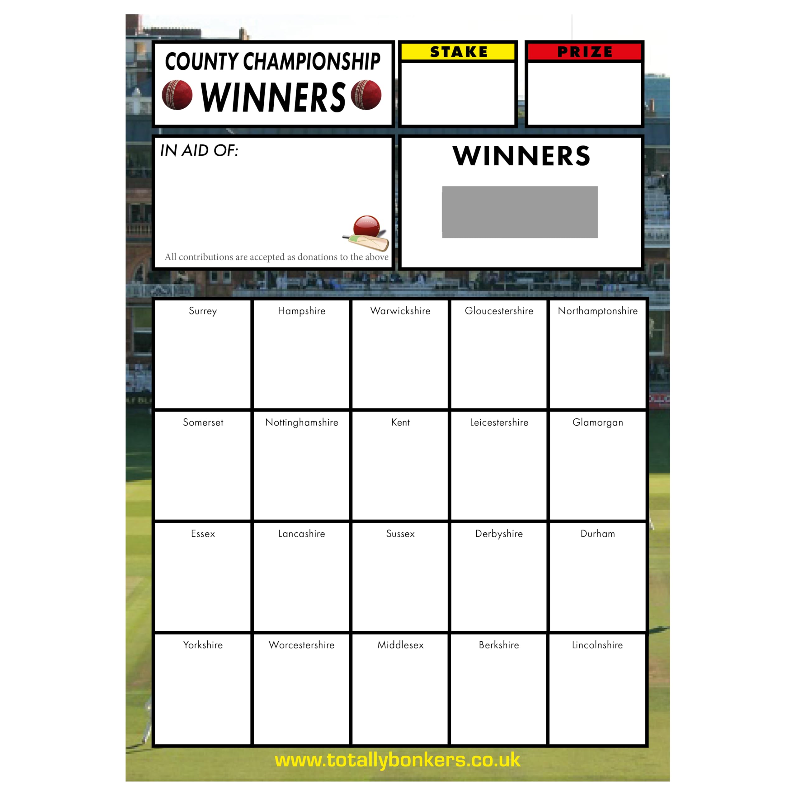 Totally Bonkers - Cricket (County) Fundraising Scratch Cards - 20 Square - A6 148x105mm) - 10 Pack - TB0012 - Blind Card