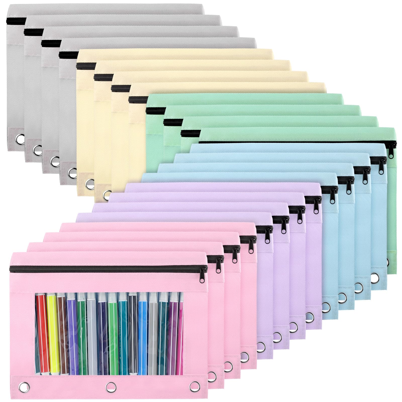 Marspark 48 PCS Zipper Pencil Pouch 3 Ring Binder Bulk,Macaron Color