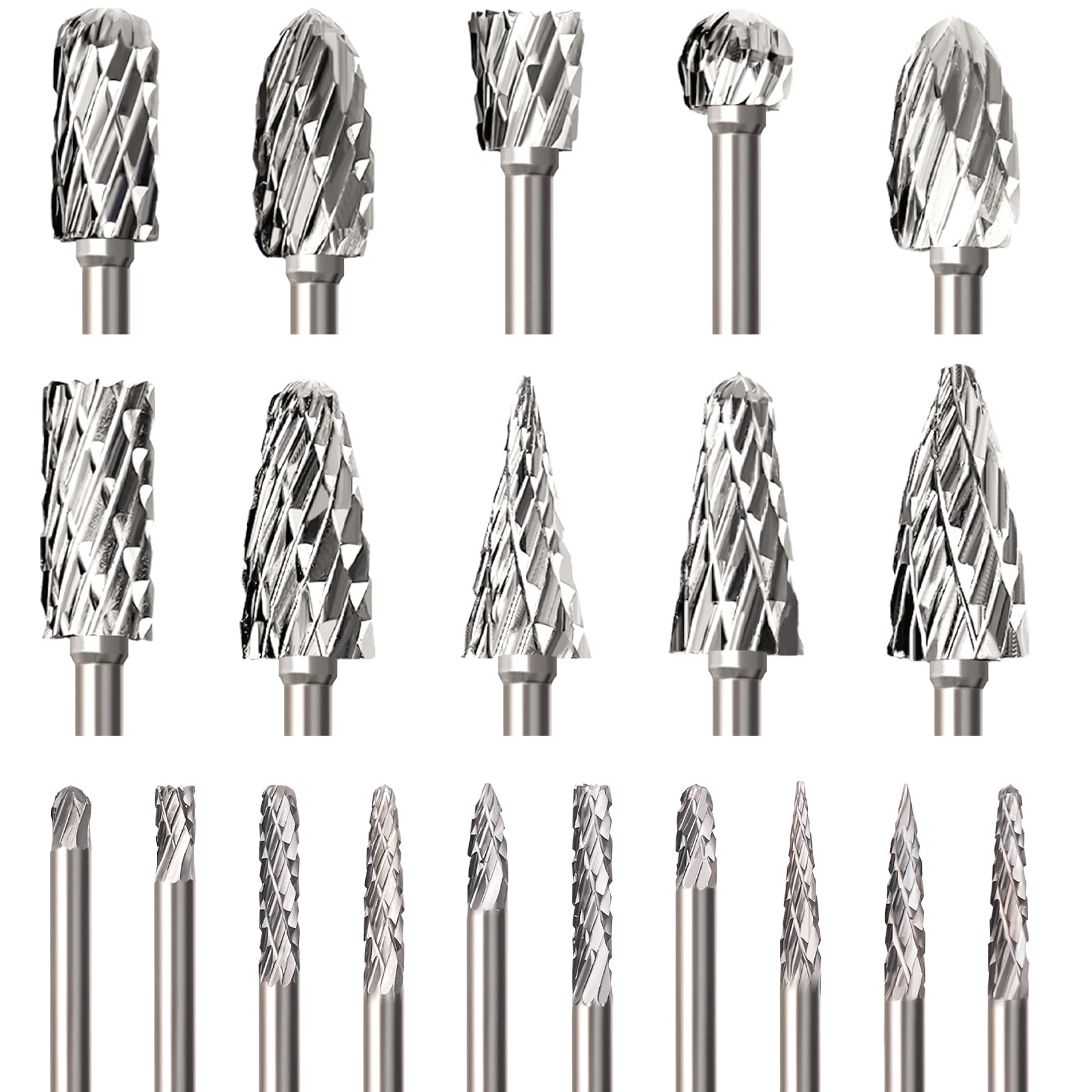 Rokrou 1/8" Shank Tungsten Carbide Rotary Burr Set, 20PCS Double Cut Carving Rotary Tool Accessories, Universal Fitment for DIY Woodworking, Grooving, Reaming, Polishing, Grinding