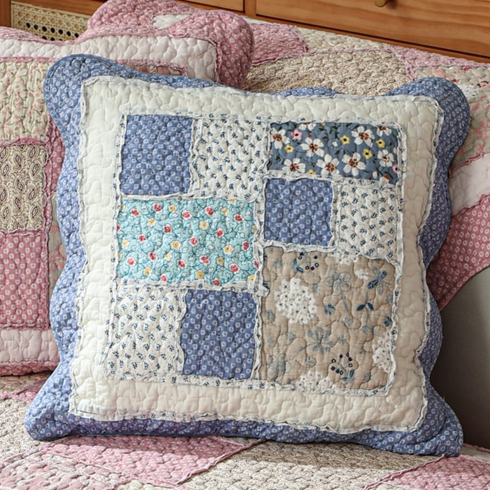 QIFONIX Vintage Patchwork Decorative Throw Pillow Cover, Floral Quilted Design with Pink Gingham Pattern, Scalloped Edge (Blue and khaki, 18" x 18" (Pack of 2))