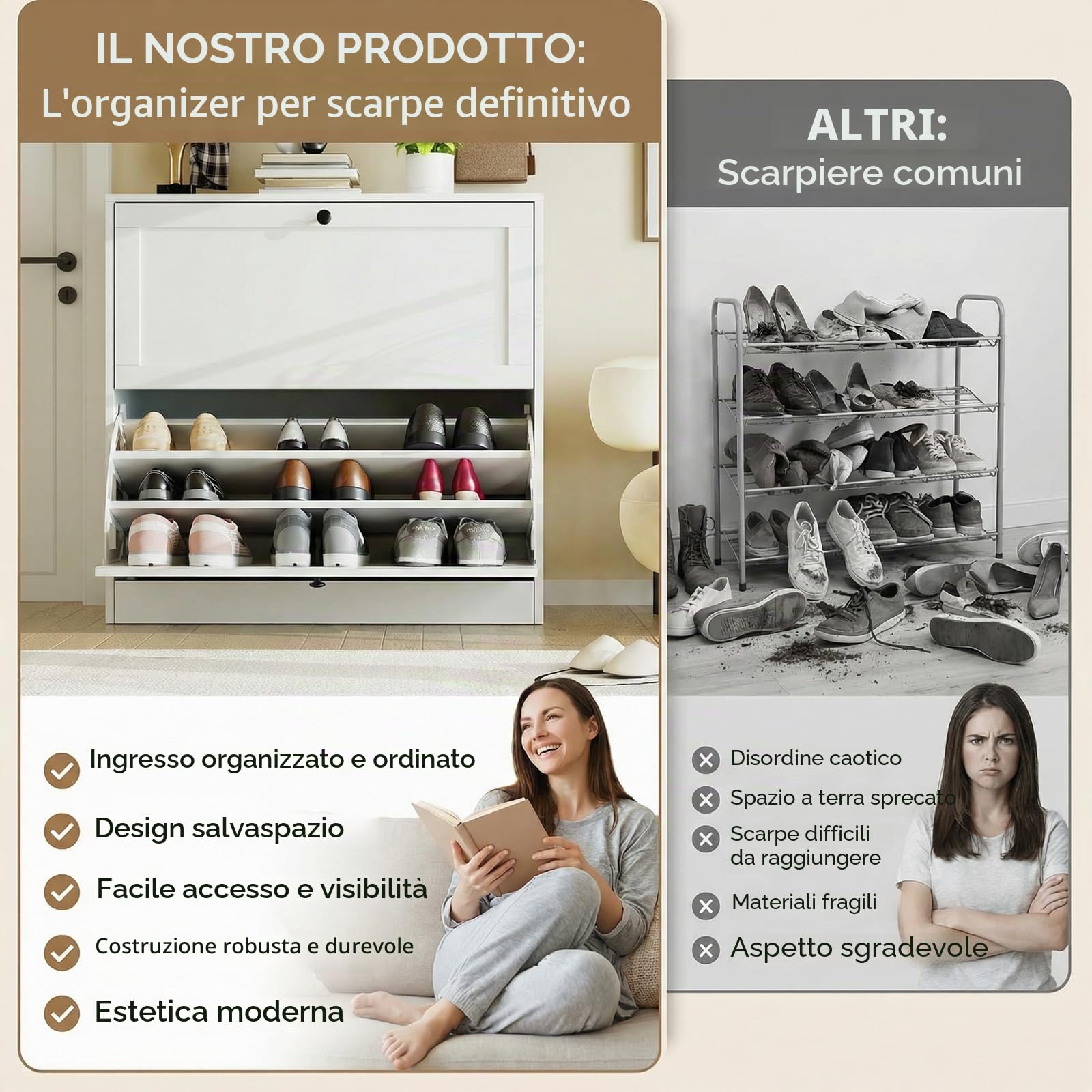 VOWNER Scarpiera Portascarpe in Legno, Scarpiera Slim, Ingresso, Regolabili, con 2 Ante a Ribalta e Tripla Profondita, 80x80x30 cm (LxAxP), per Ingresso Casa, Bianco