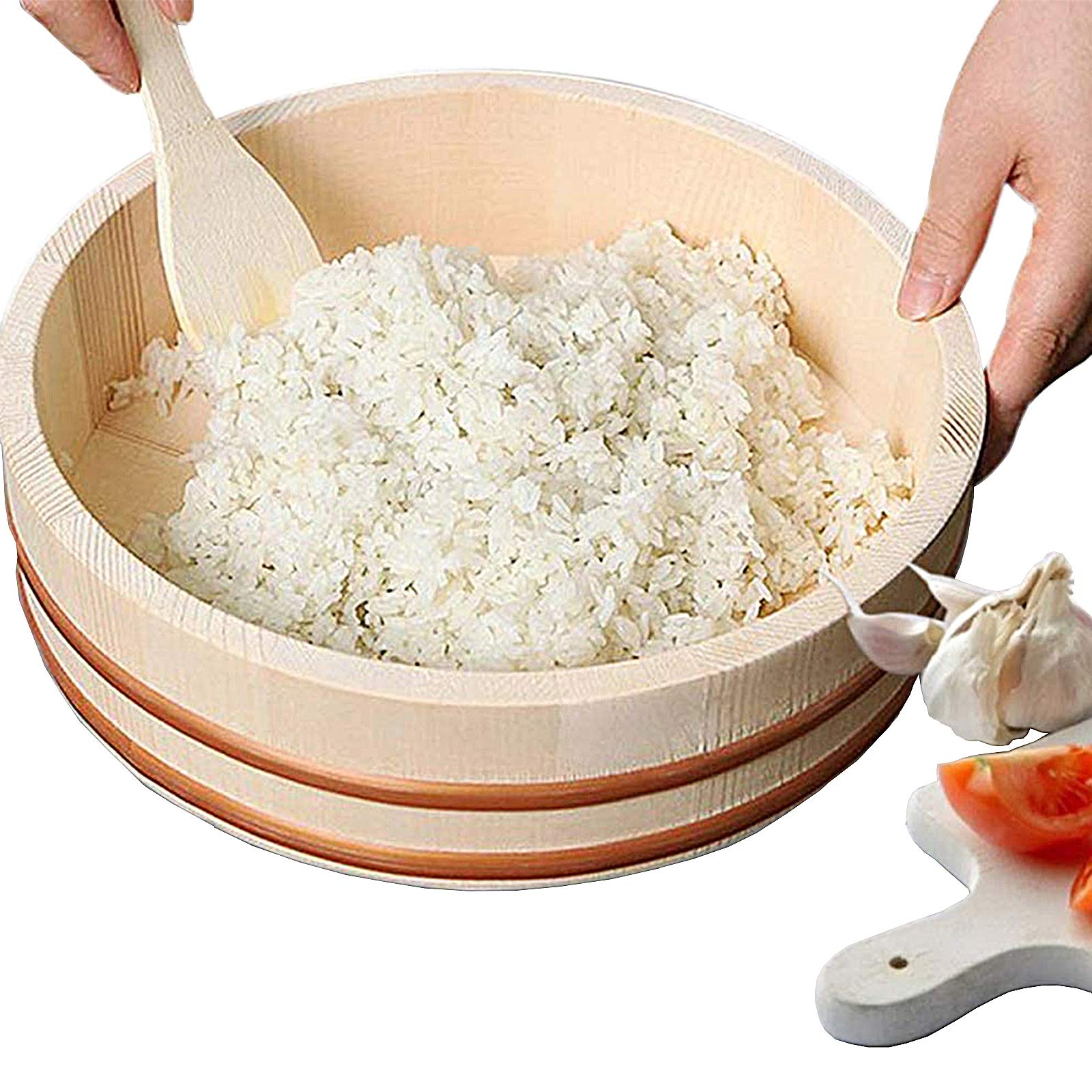 Japanese Wooden Hangiri Sushi Oke Rice Mixing Bowl Tub with Copper Banding for Sushi Restaurant Rice Making Bowl Serving Pan Bucket(White Pine Wood)(72x16cm)