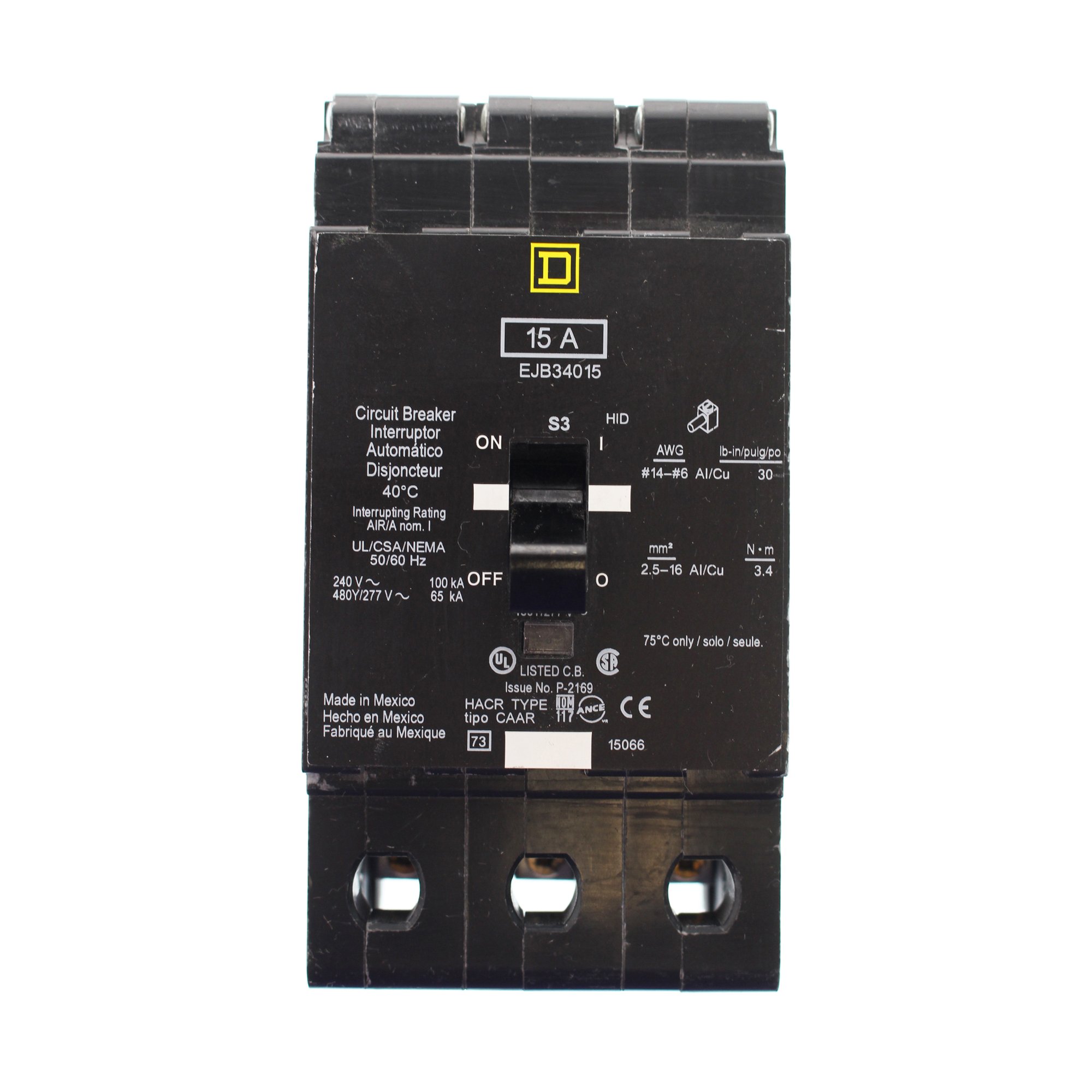 Square D EJB34015 Circuit Breaker, 480/277-Volt, 3-Pole, 15