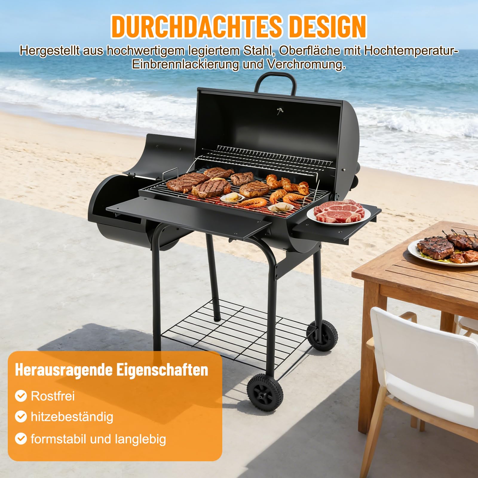 Grill na węgiel drzewny z pokrywką do użytku na zewnątrz, duża powierzchnia grillowania, ruszt kempingowy, grill ogrodowy, grill stojący z pokrywą, dla 10 osób, do ogrodu, na taras, kemping