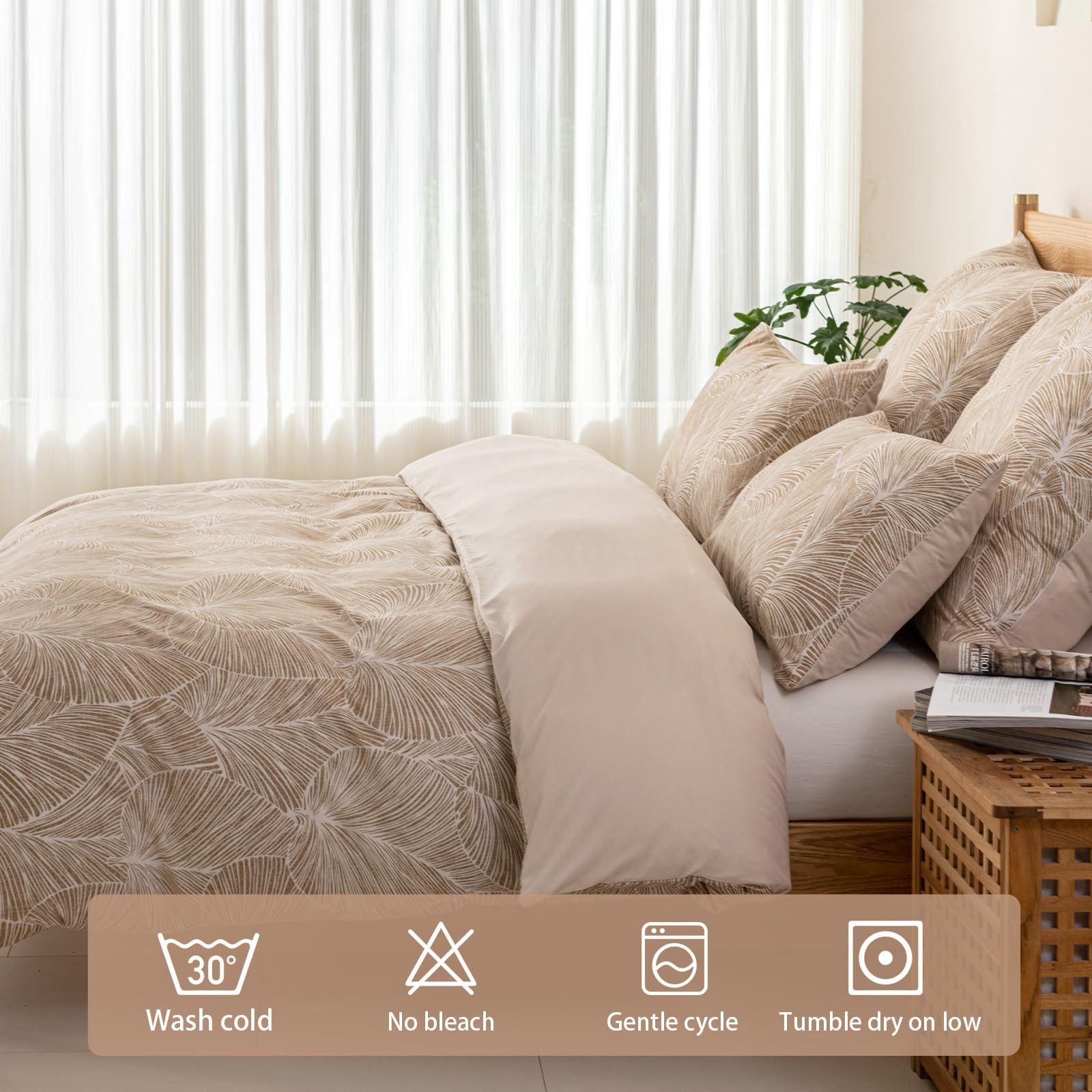 Tokokimo Set Copripiumino Matrimoniale 240x220 cm, Copripiumino Matrimoniale 3 Pezzi in Microfibra Con Motivo a Ramoscelli e Foglie, Comprendente 1 Copripiumino 240x220 + 2 Federe 50x80, Khaki